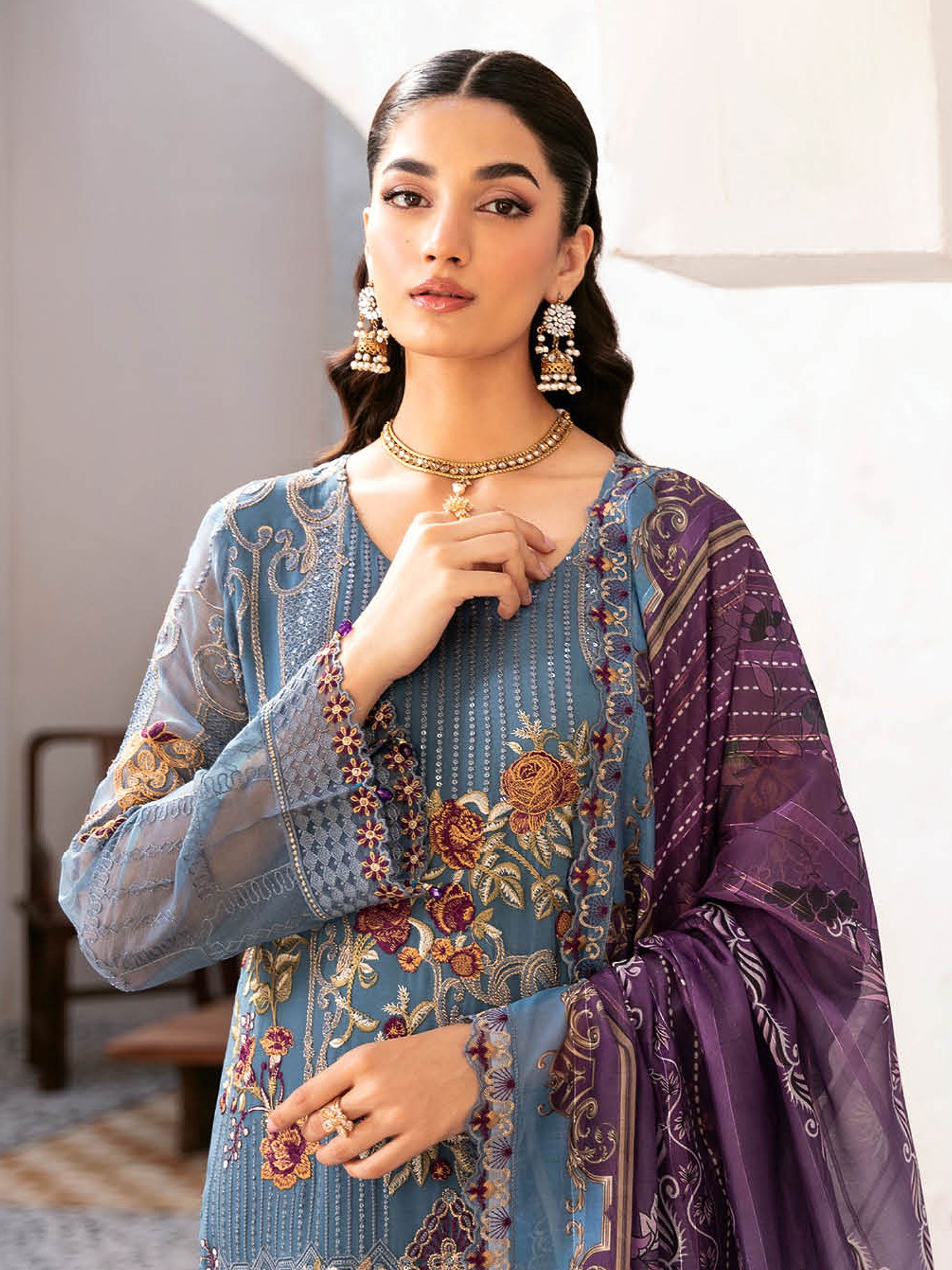 Ramsha "Rangoon" Luxury Chiffon 3-Piece Suit - Cobalt Blue (D1202)