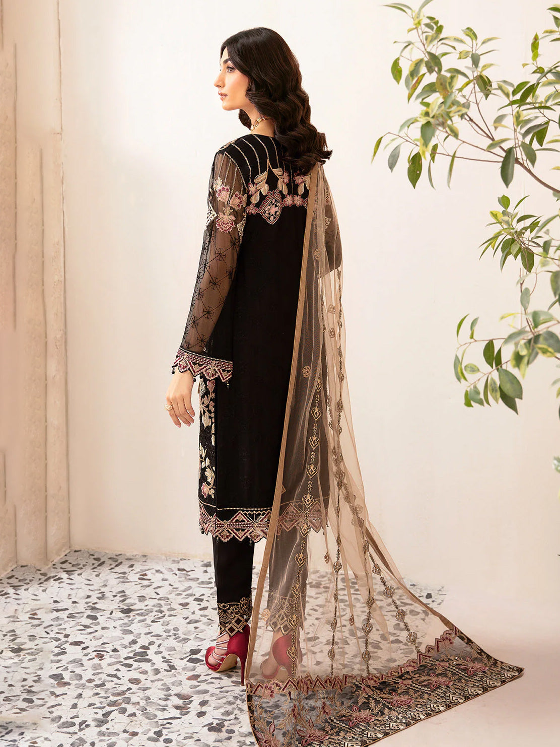 Ramsha "Rangoon" Luxury Chiffon 3-Piece Suit - Black (D1204)