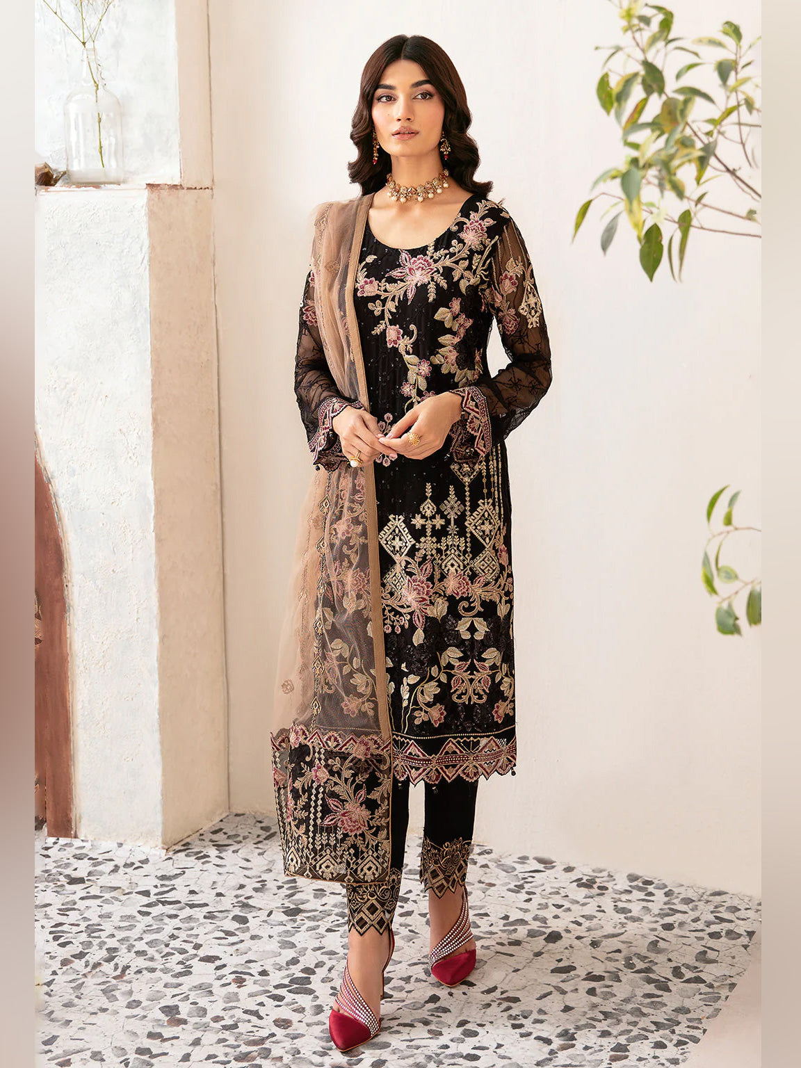 Ramsha "Rangoon" Luxury Chiffon 3-Piece Suit - Black (D1204)