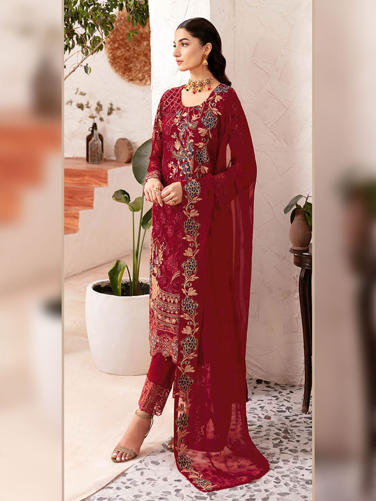 Ramsha "Rangoon" Luxury Chiffon 3-Piece Suit - Red (D1205)