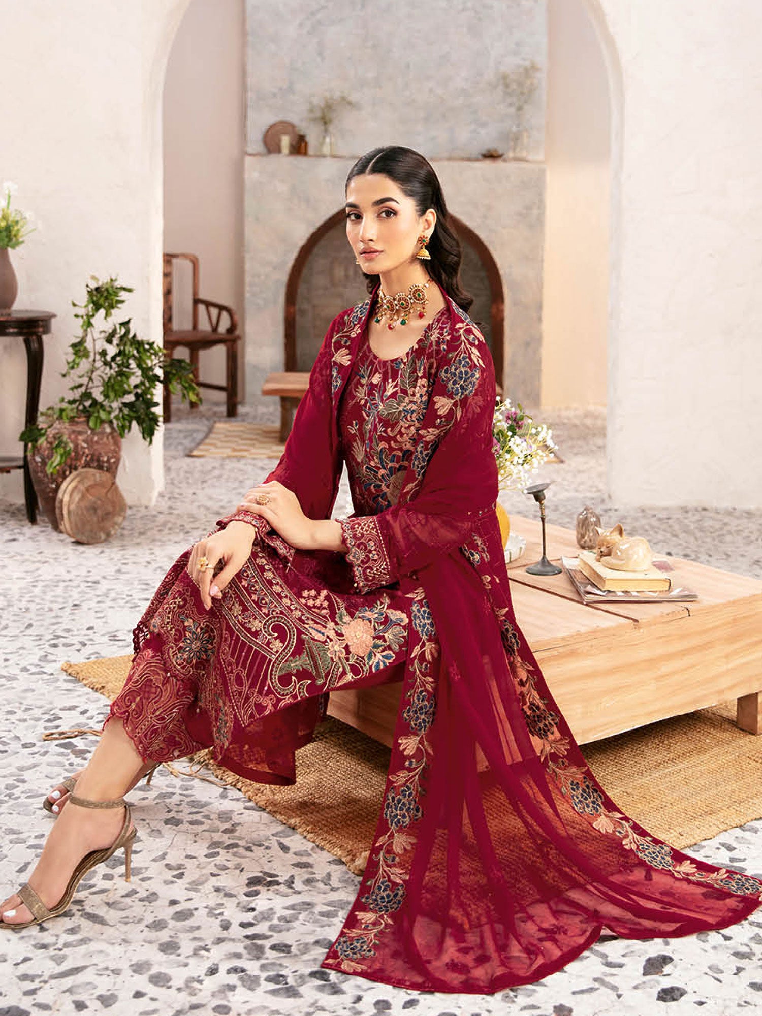 Ramsha "Rangoon" Luxury Chiffon 3-Piece Suit - Red (D1205)