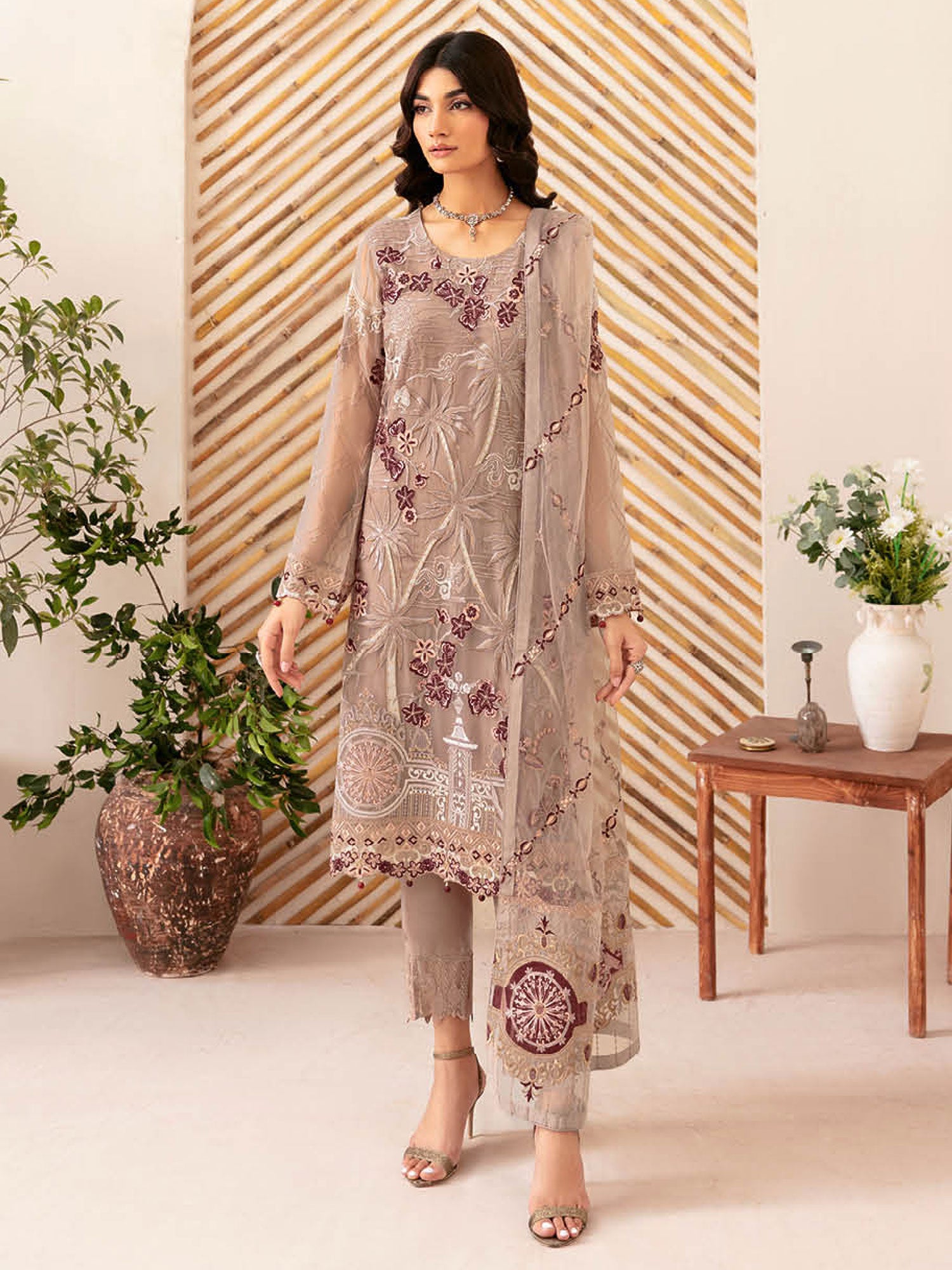 Ramsha "Rangoon" Luxury Chiffon 3-Piece Suit - Beige (D1206)