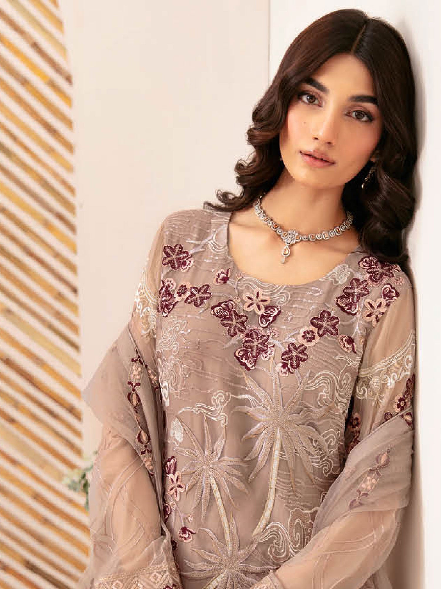 Ramsha "Rangoon" Luxury Chiffon 3-Piece Suit - Beige (D1206)