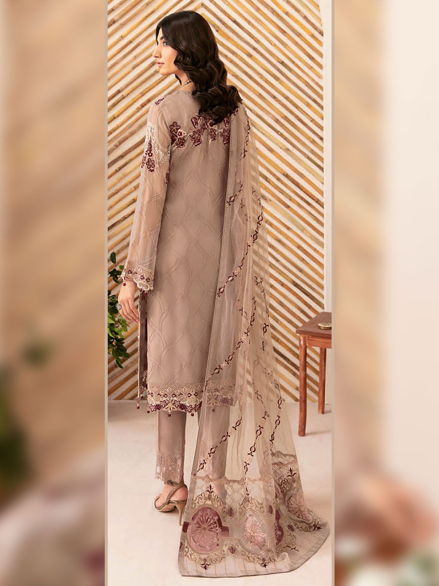 Ramsha "Rangoon" Luxury Chiffon 3-Piece Suit - Beige (D1206)