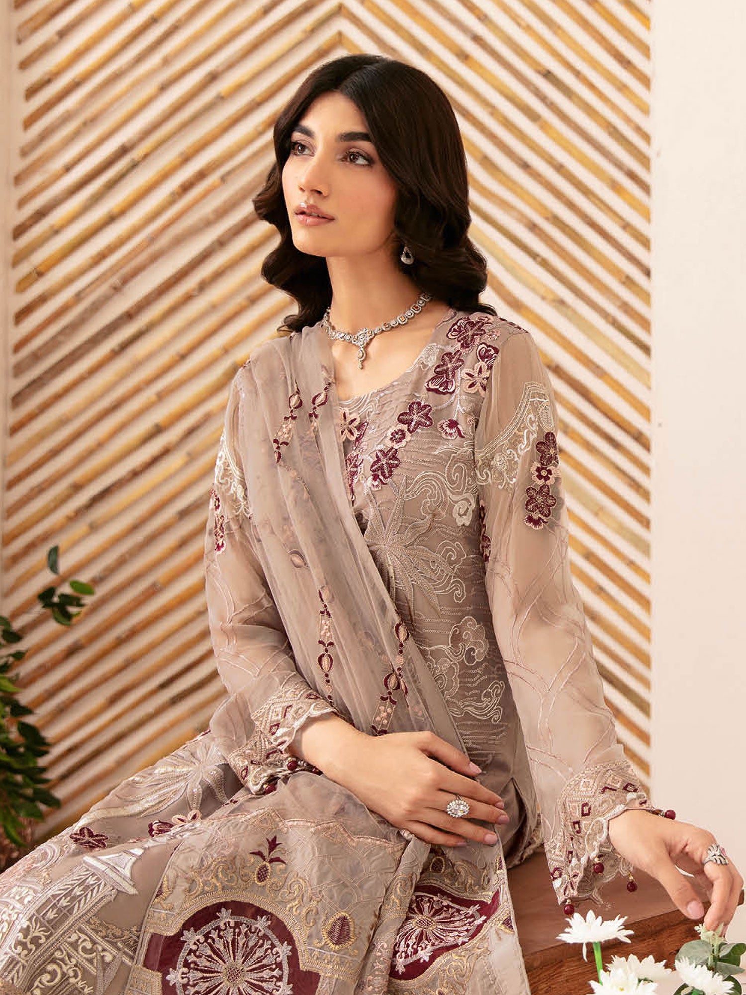 Ramsha "Rangoon" Luxury Chiffon 3-Piece Suit - Beige (D1206)