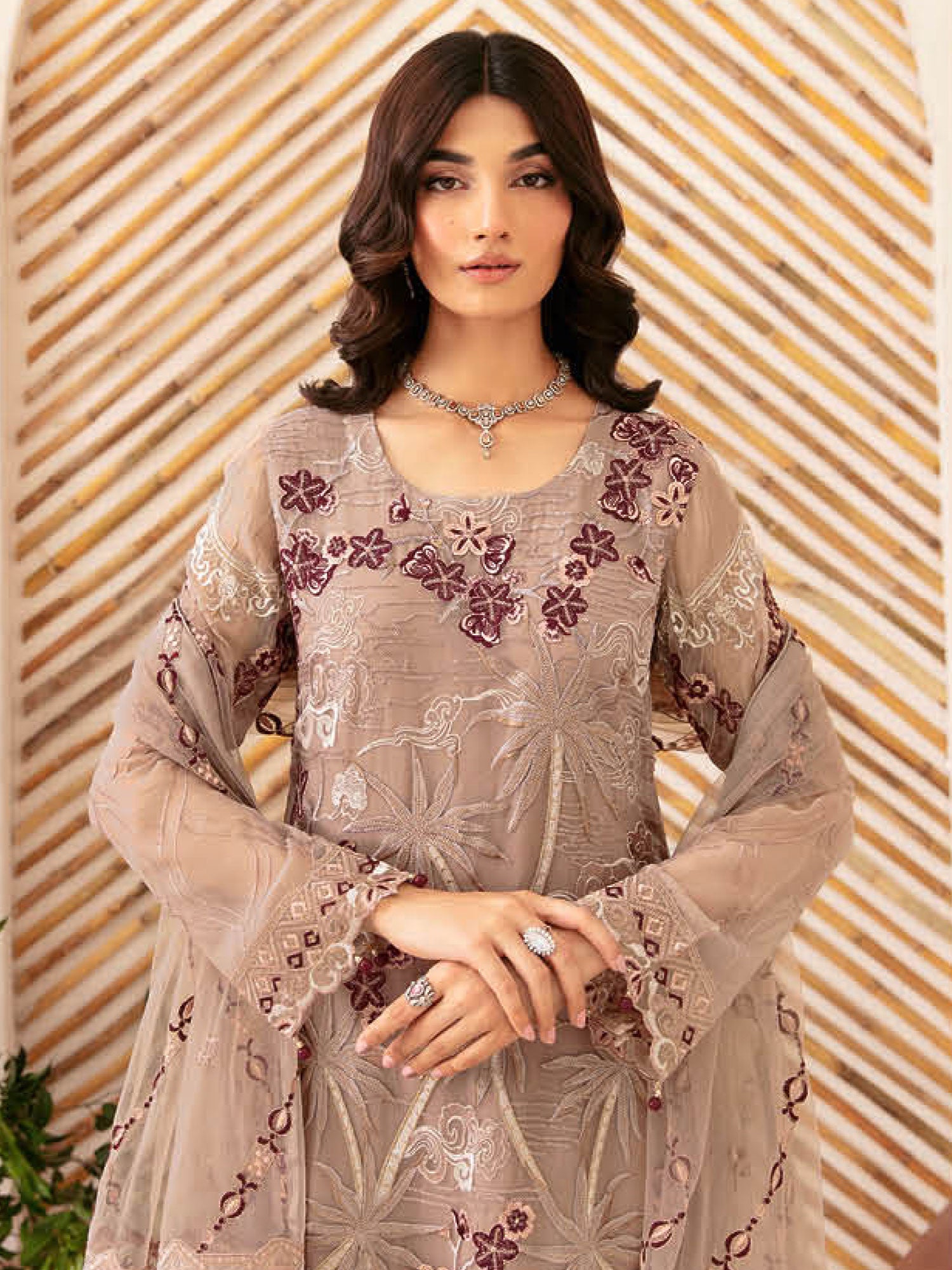 Ramsha "Rangoon" Luxury Chiffon 3-Piece Suit - Beige (D1206)