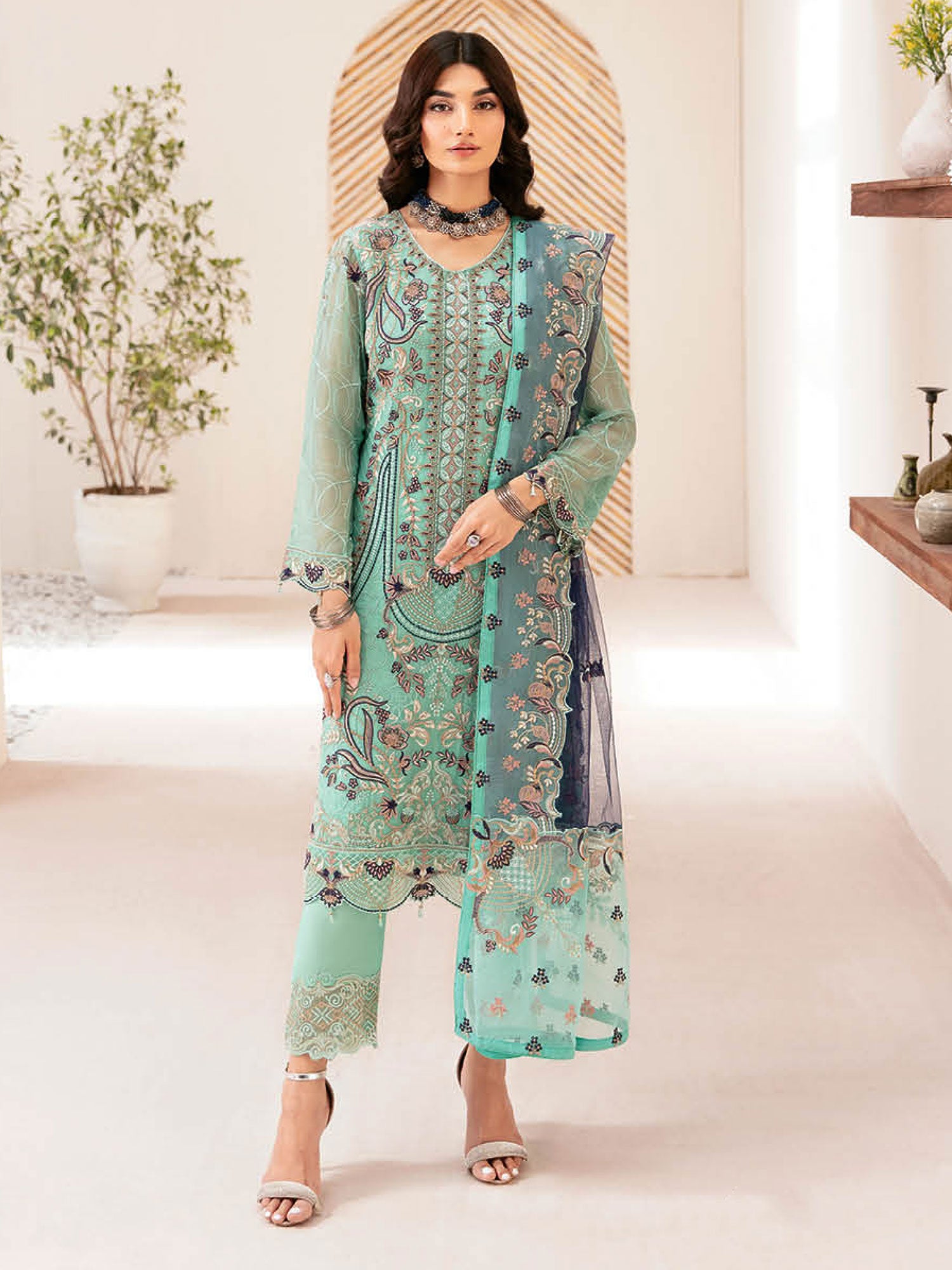 Ramsha "Rangoon" Luxury Chiffon 3-Piece Suit - Mint Green (D1207)