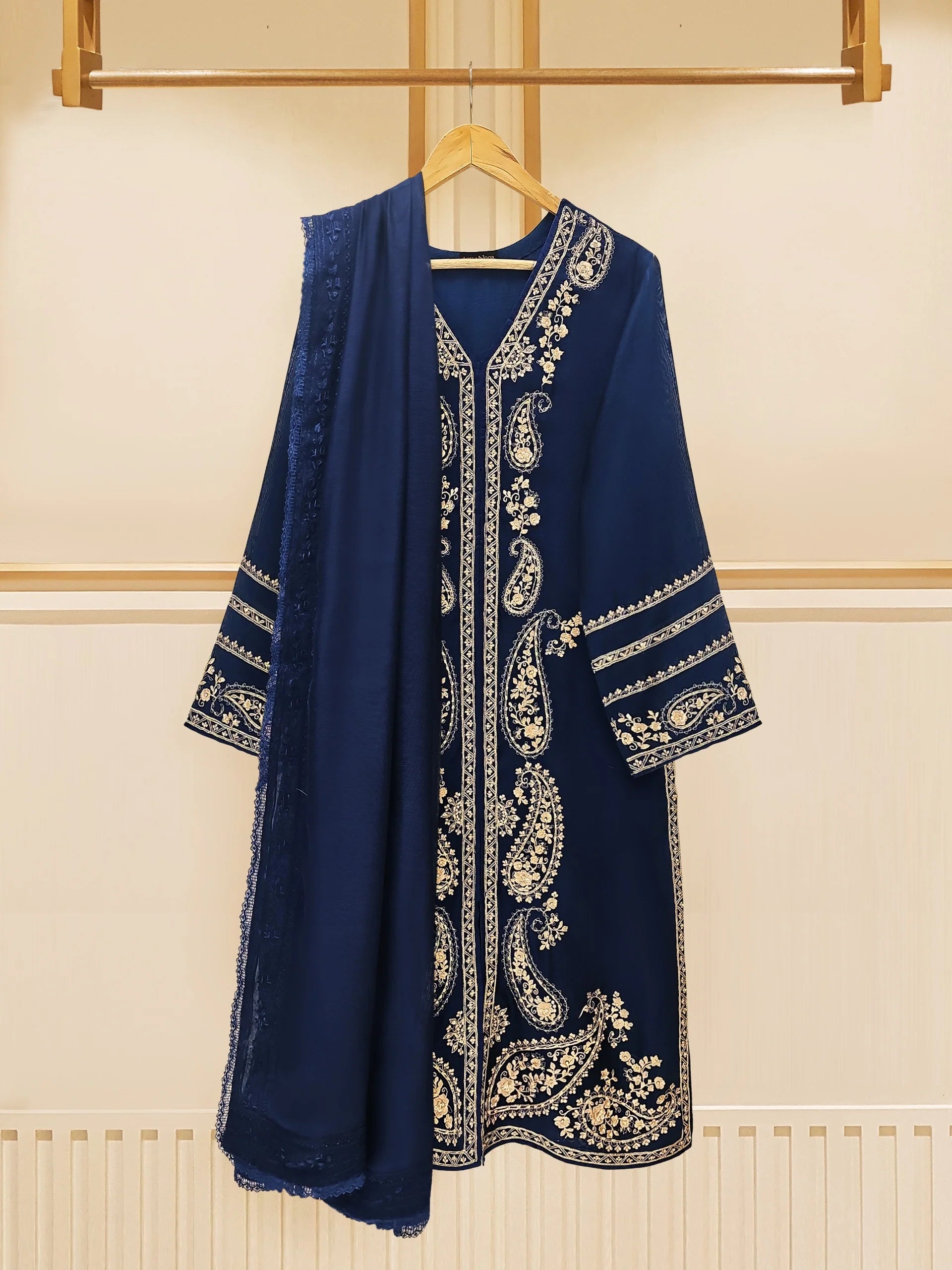 Agha Noor Navy Blue Embroidered Cotton Net 3-Piece Suit