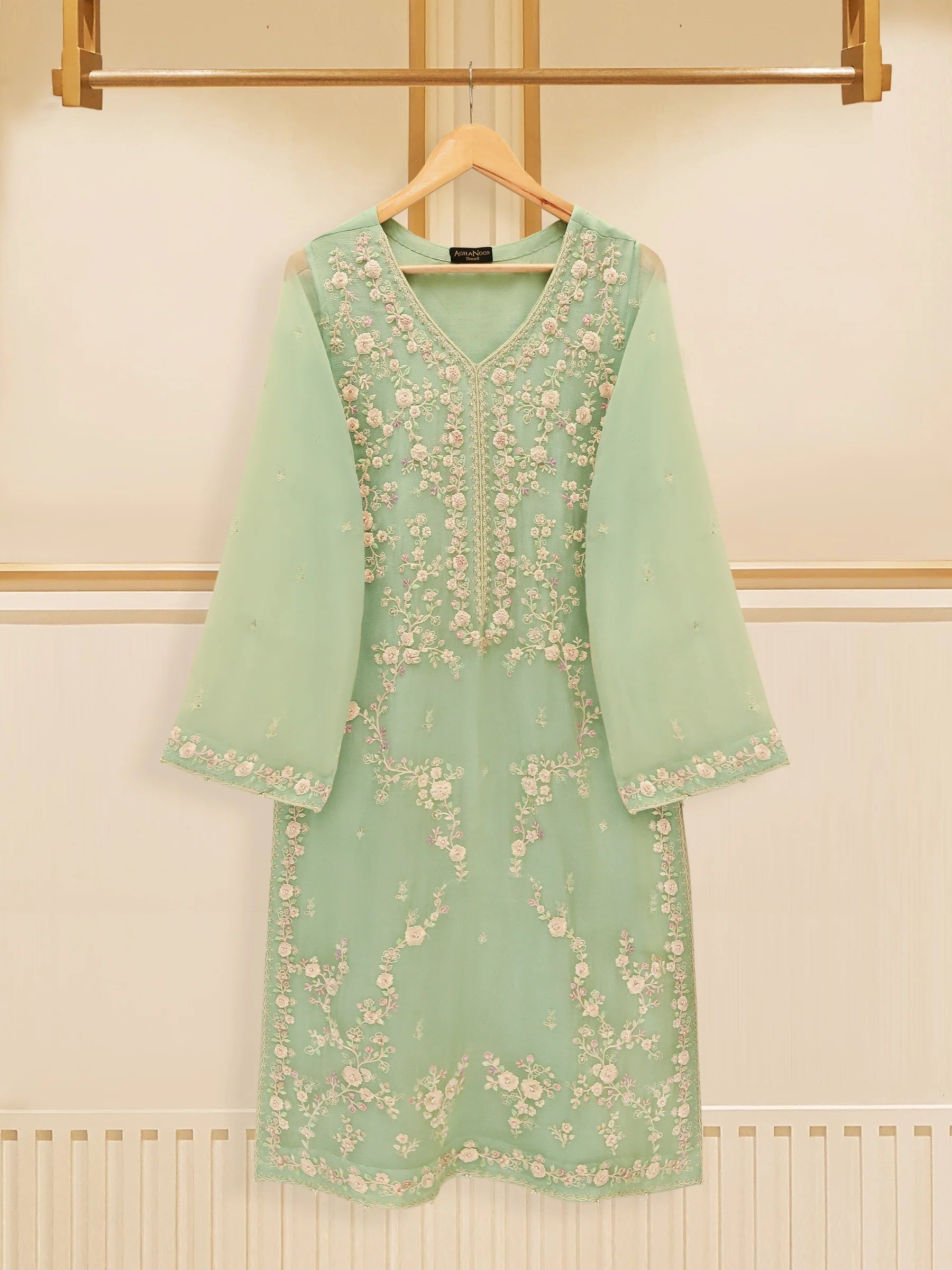 Agha Noor Pista Green Chiffon & Silk 2-Piece (Shirt + Trouser)