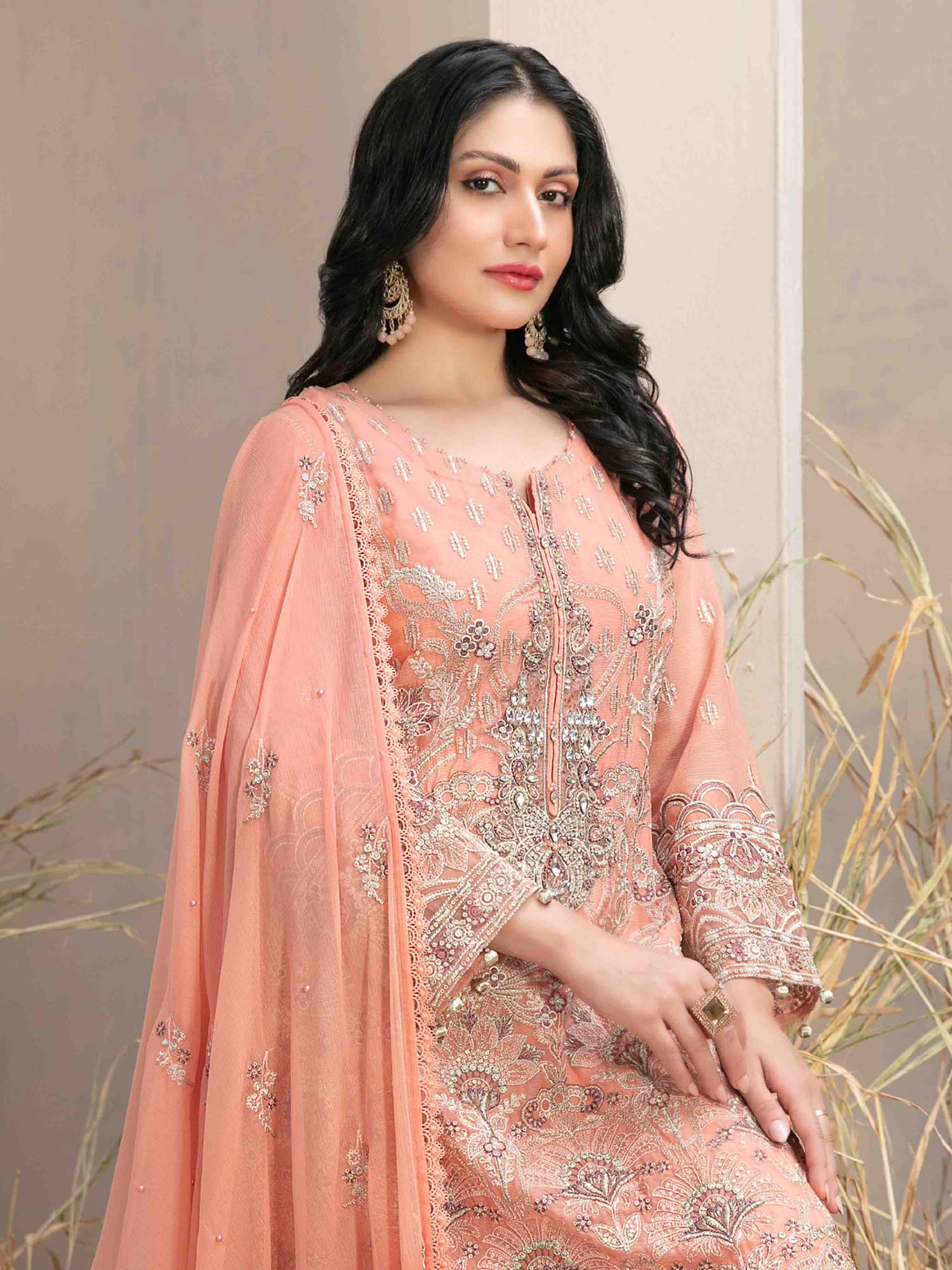 Tawakkal "Arushi" Chiffon Heavy Embroidered Suit (D9982) - Peach