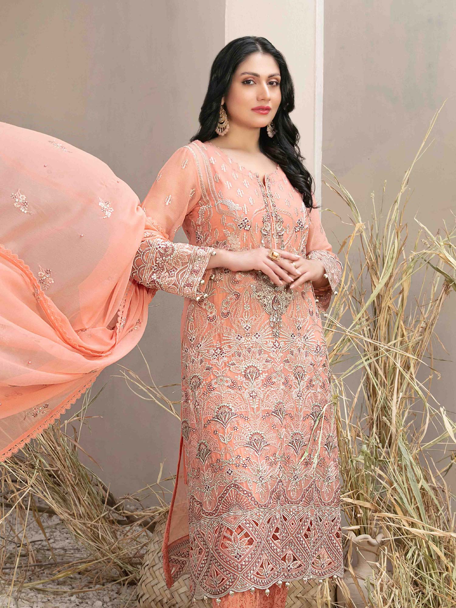 Tawakkal "Arushi" Chiffon Heavy Embroidered Suit (D9982) - Peach