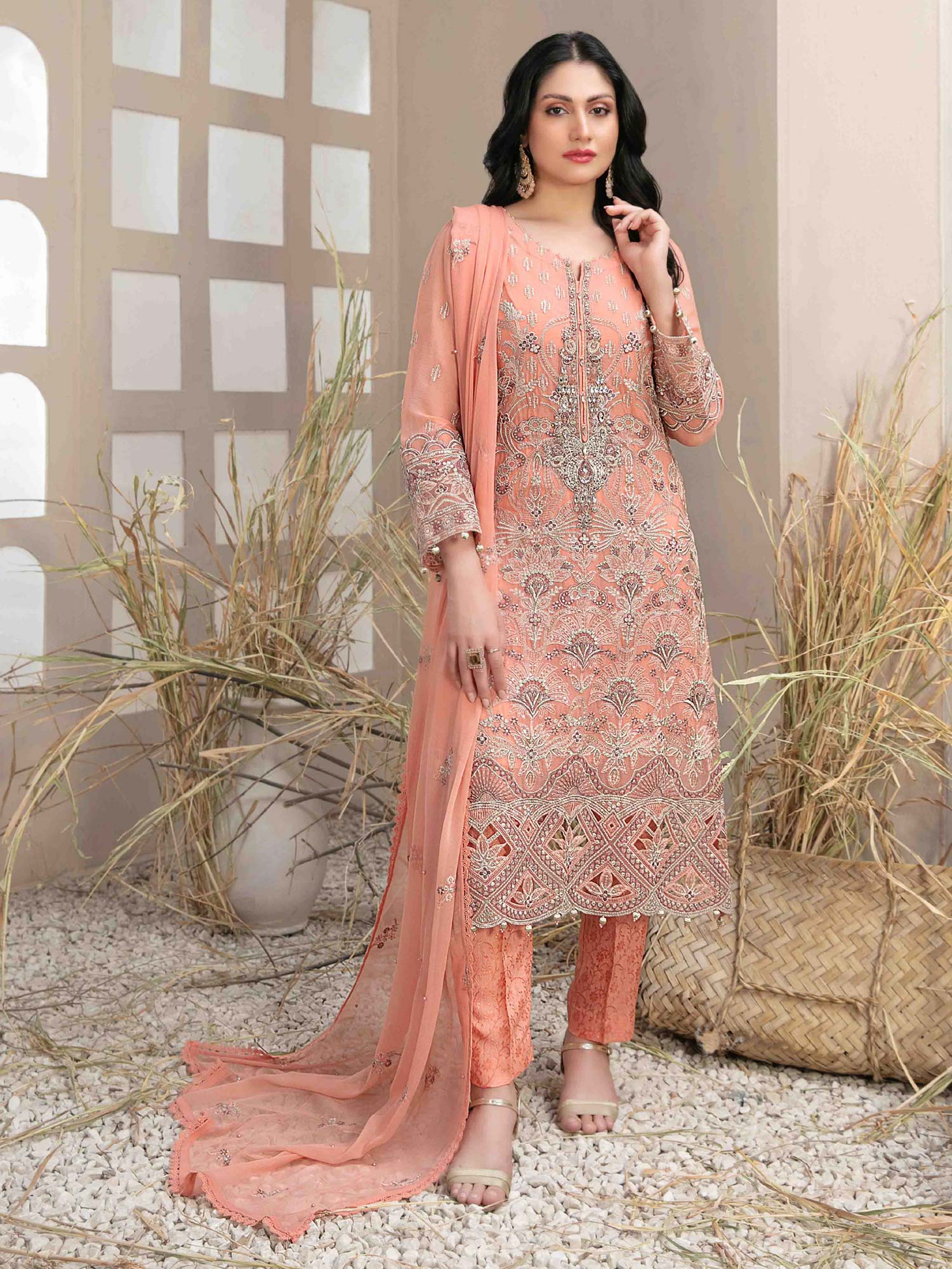 Tawakkal "Arushi" Chiffon Heavy Embroidered Suit (D9982) - Peach