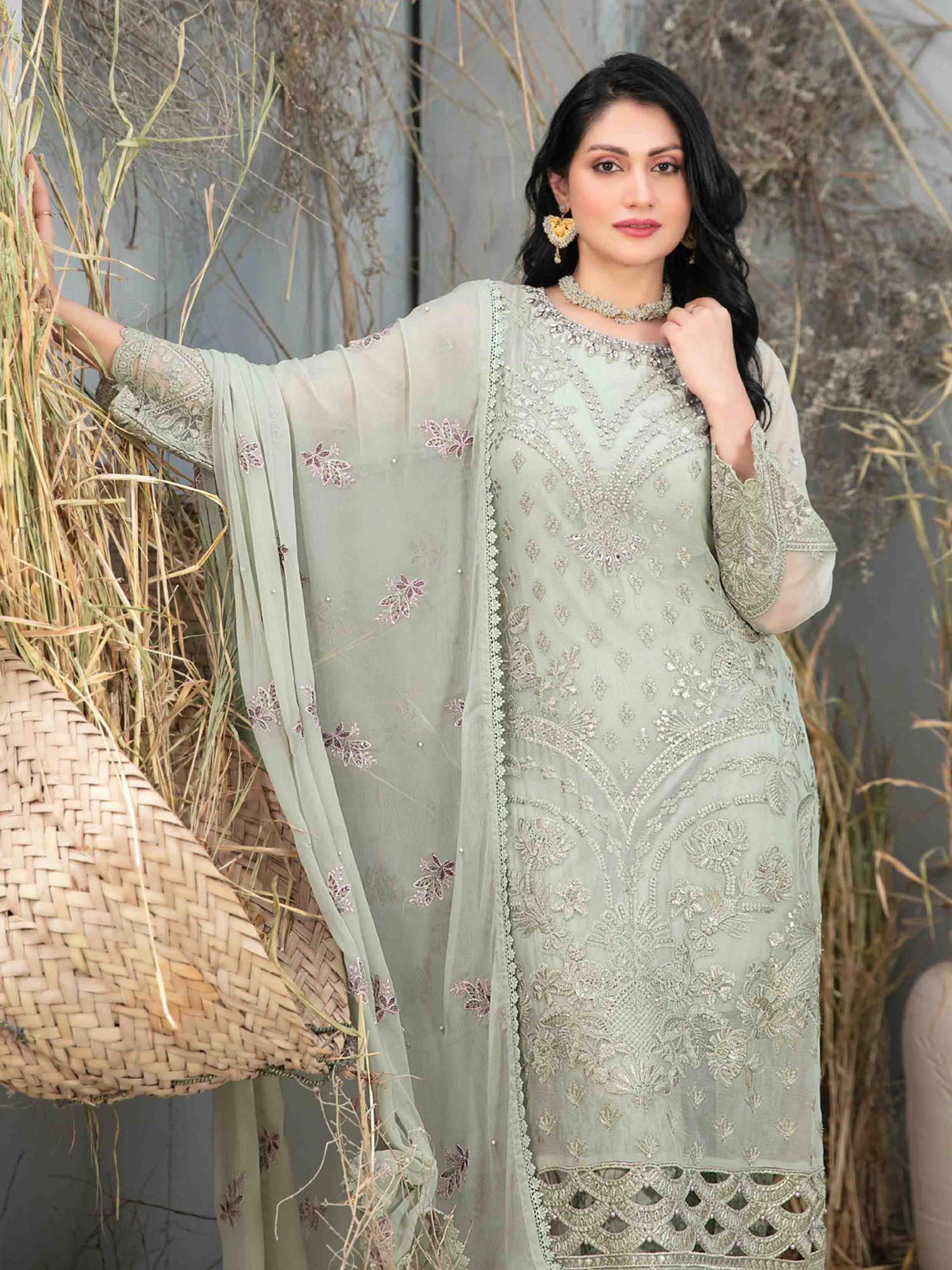 Tawakkal "Arushi" Chiffon Heavy Embroidered Suit (D9983) - Light Green