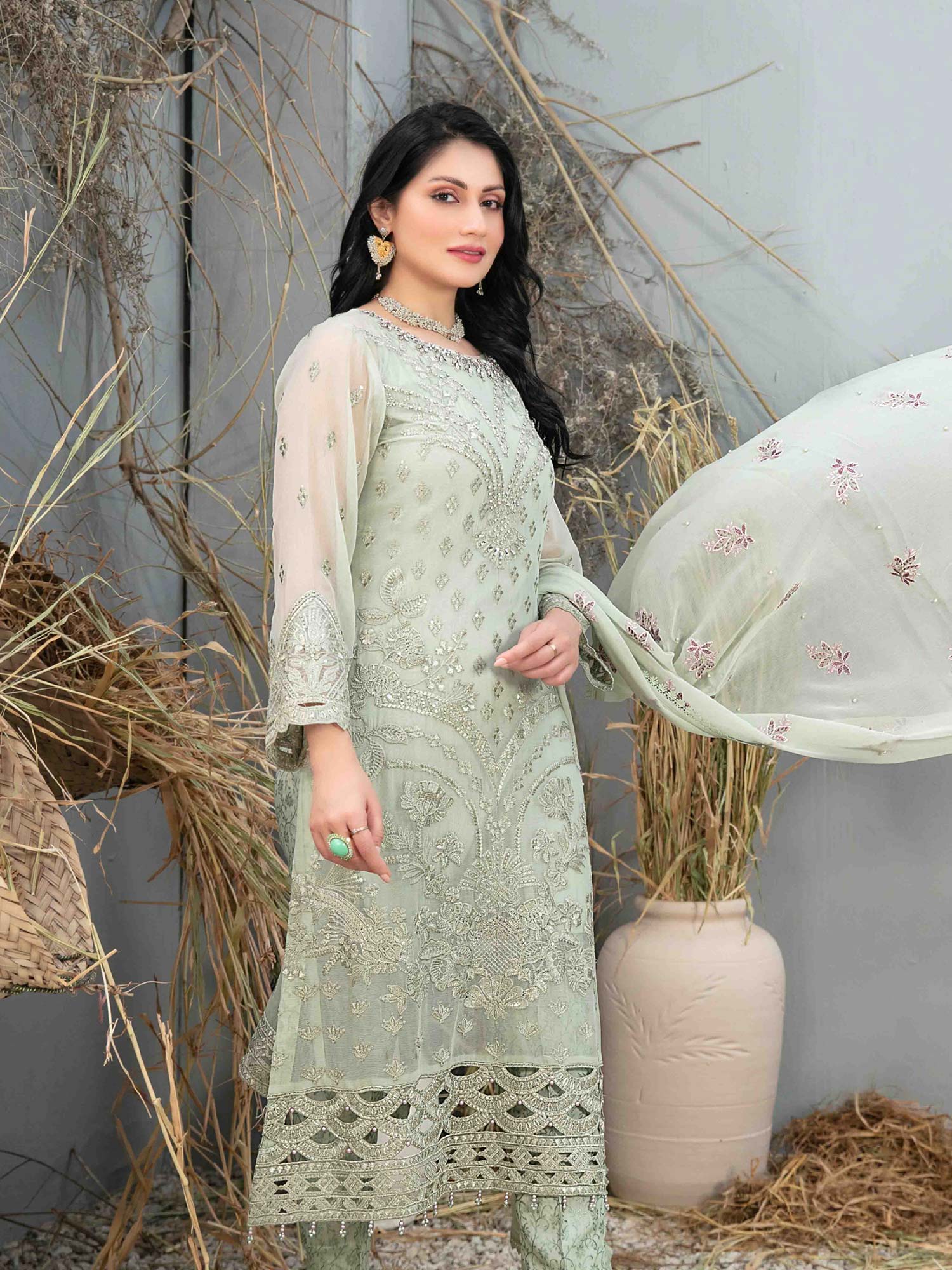 Tawakkal "Arushi" Chiffon Heavy Embroidered Suit (D9983) - Light Green