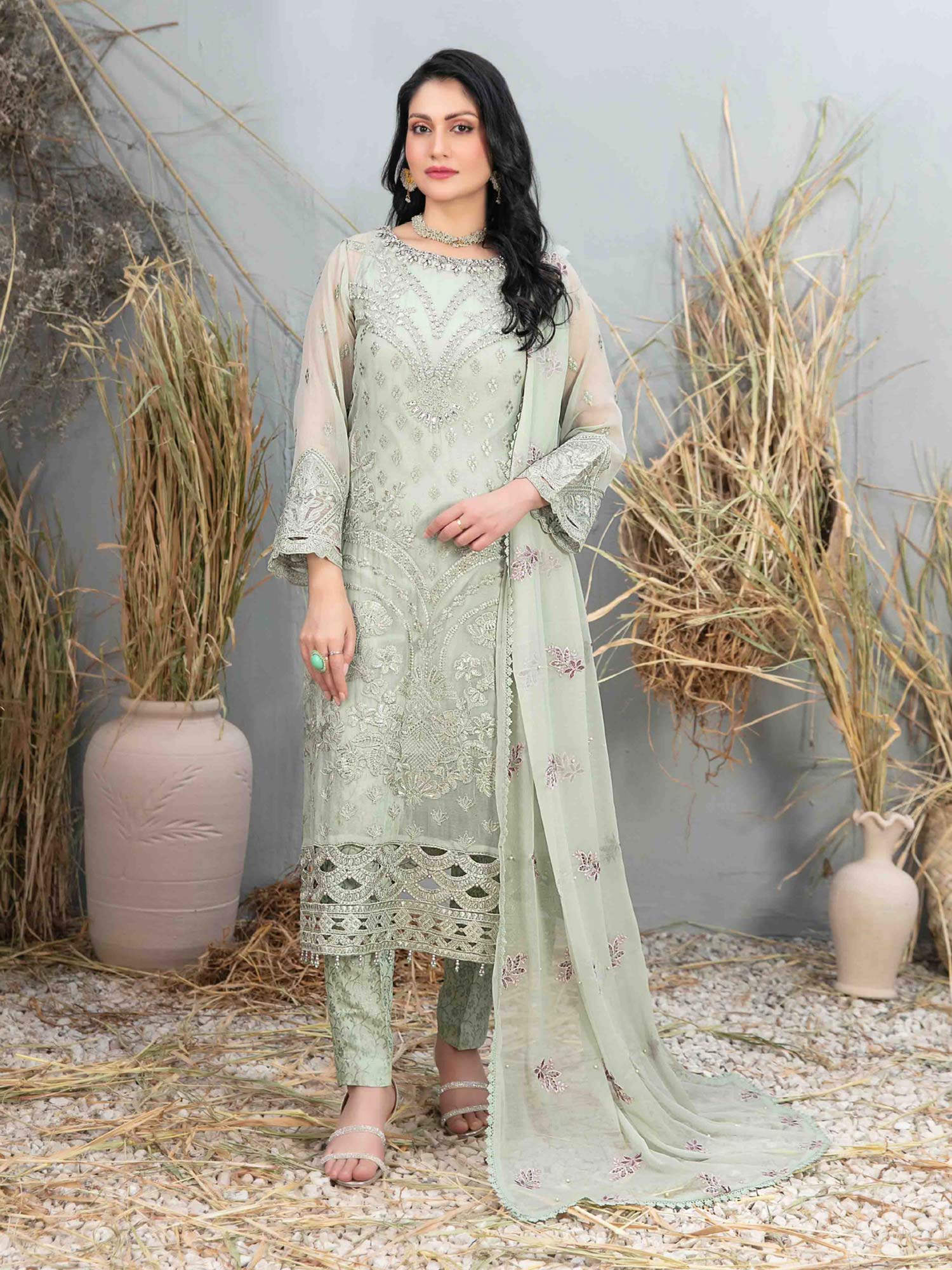 Tawakkal "Arushi" Chiffon Heavy Embroidered Suit (D9983) - Light Green