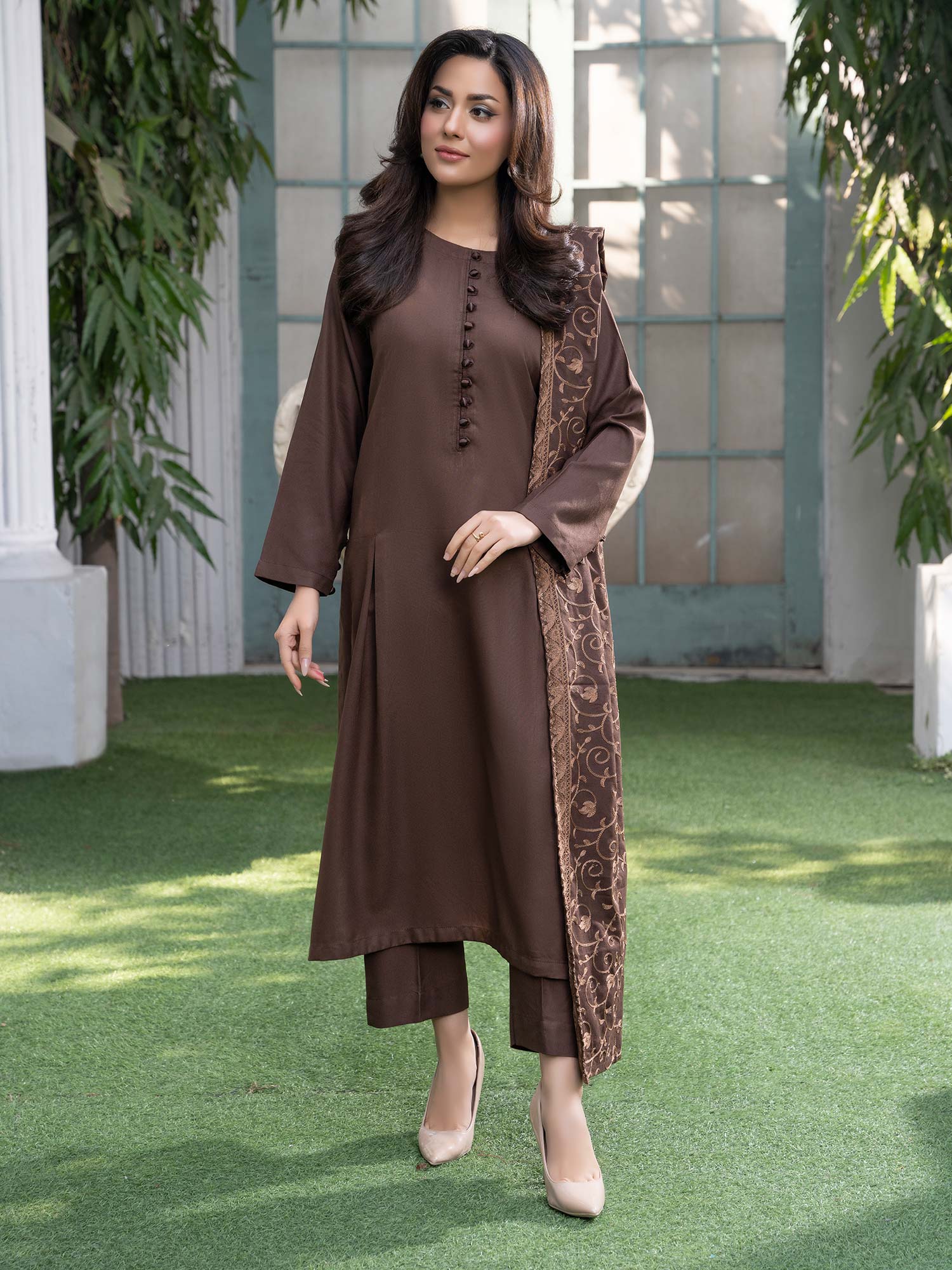 Raniya.H "Noor Bano" Winter Dhanak Suit with Shawl - Brown