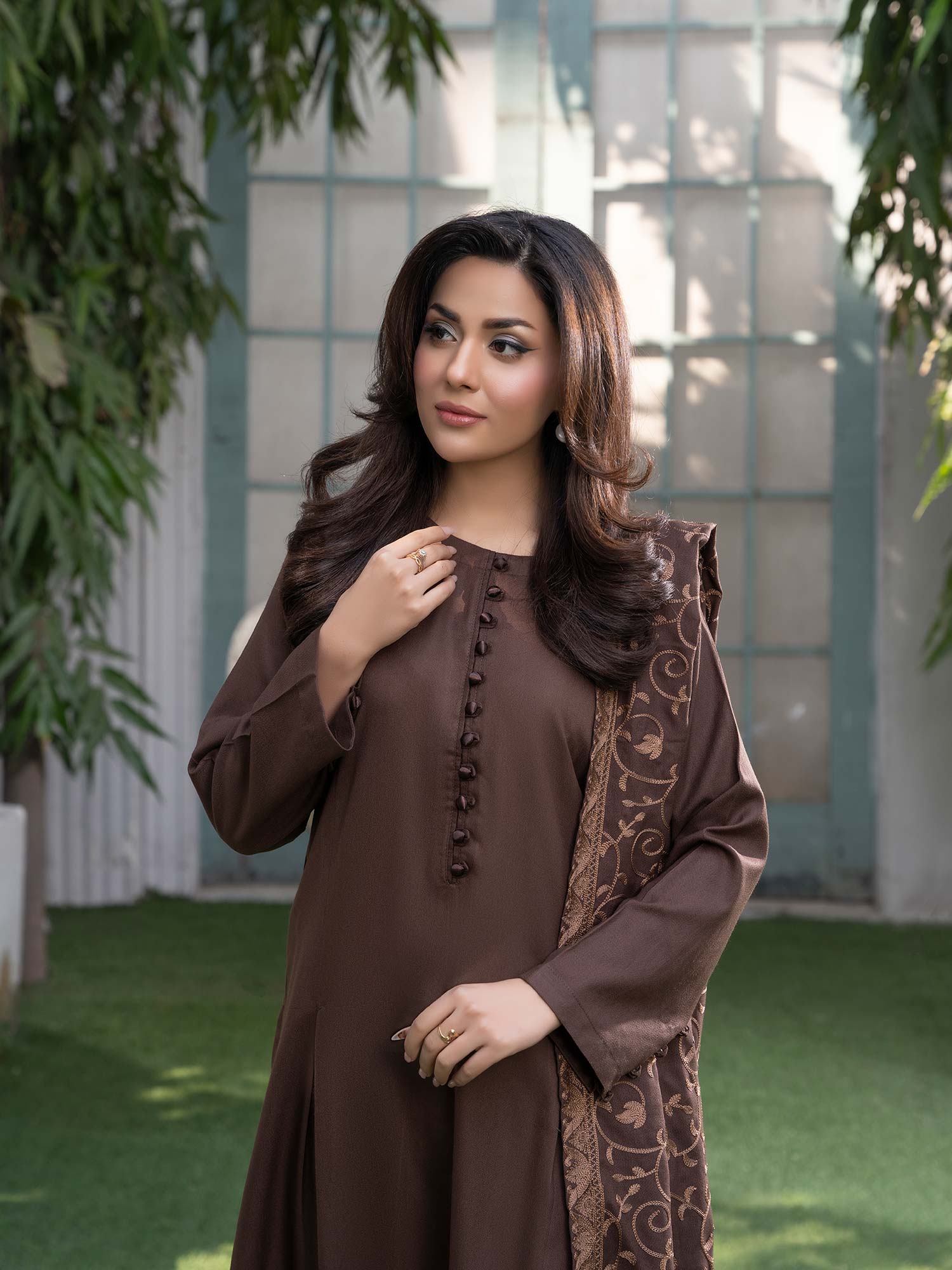 Raniya.H "Noor Bano" Winter Dhanak Suit with Shawl - Brown