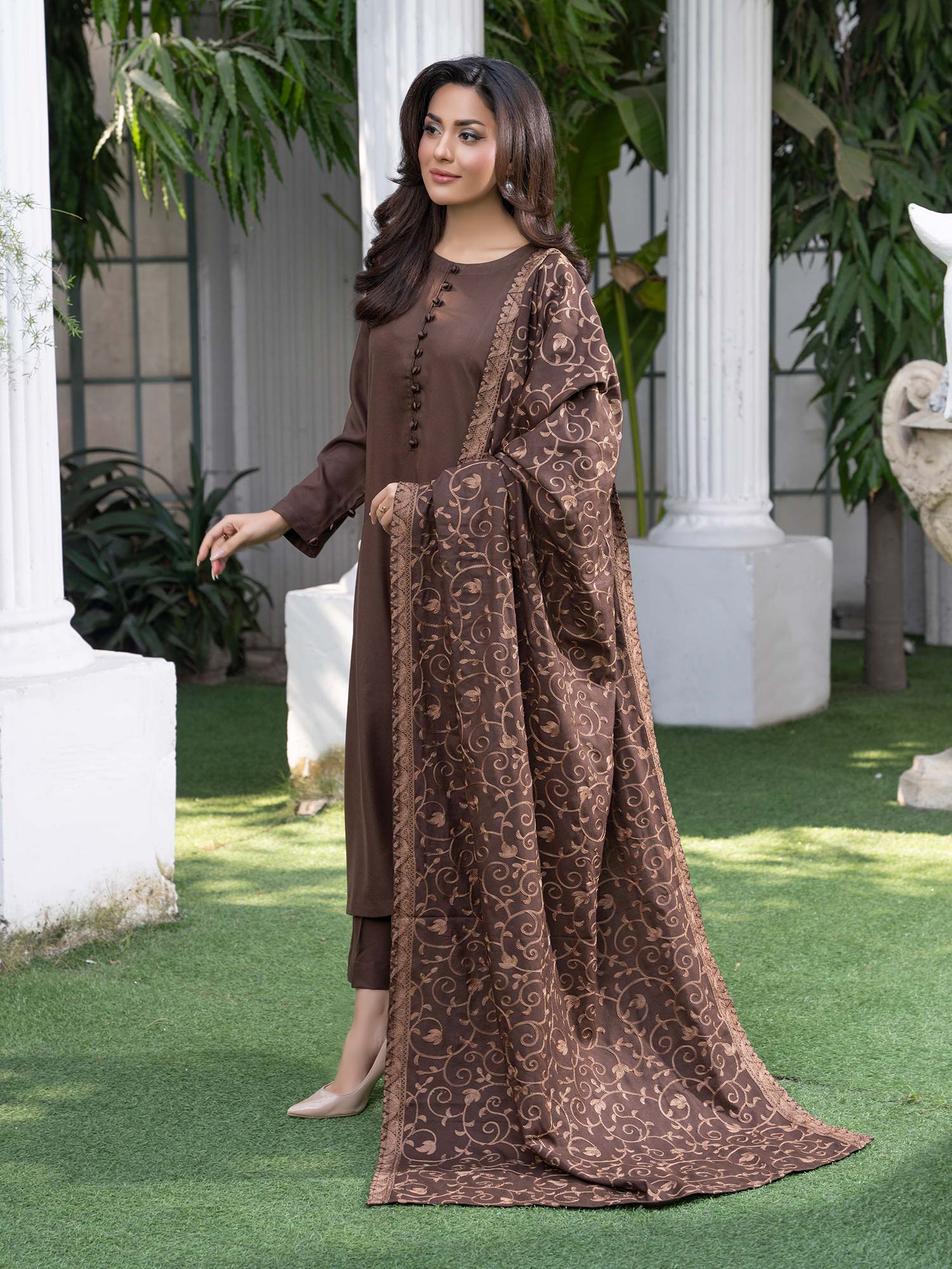 Raniya.H "Noor Bano" Winter Dhanak Suit with Shawl - Brown