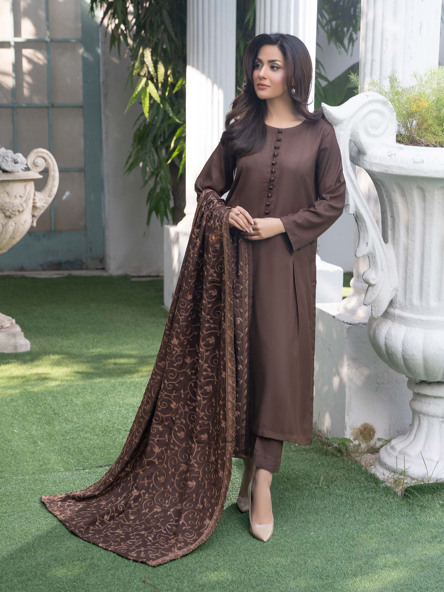 Raniya.H "Noor Bano" Winter Dhanak Suit with Shawl - Brown