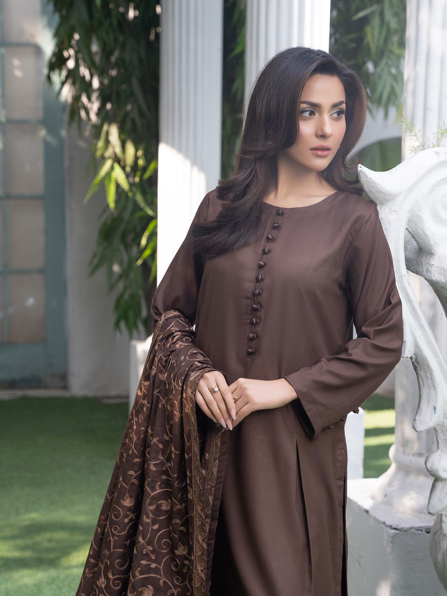 Raniya.H "Noor Bano" Winter Dhanak Suit with Shawl - Brown