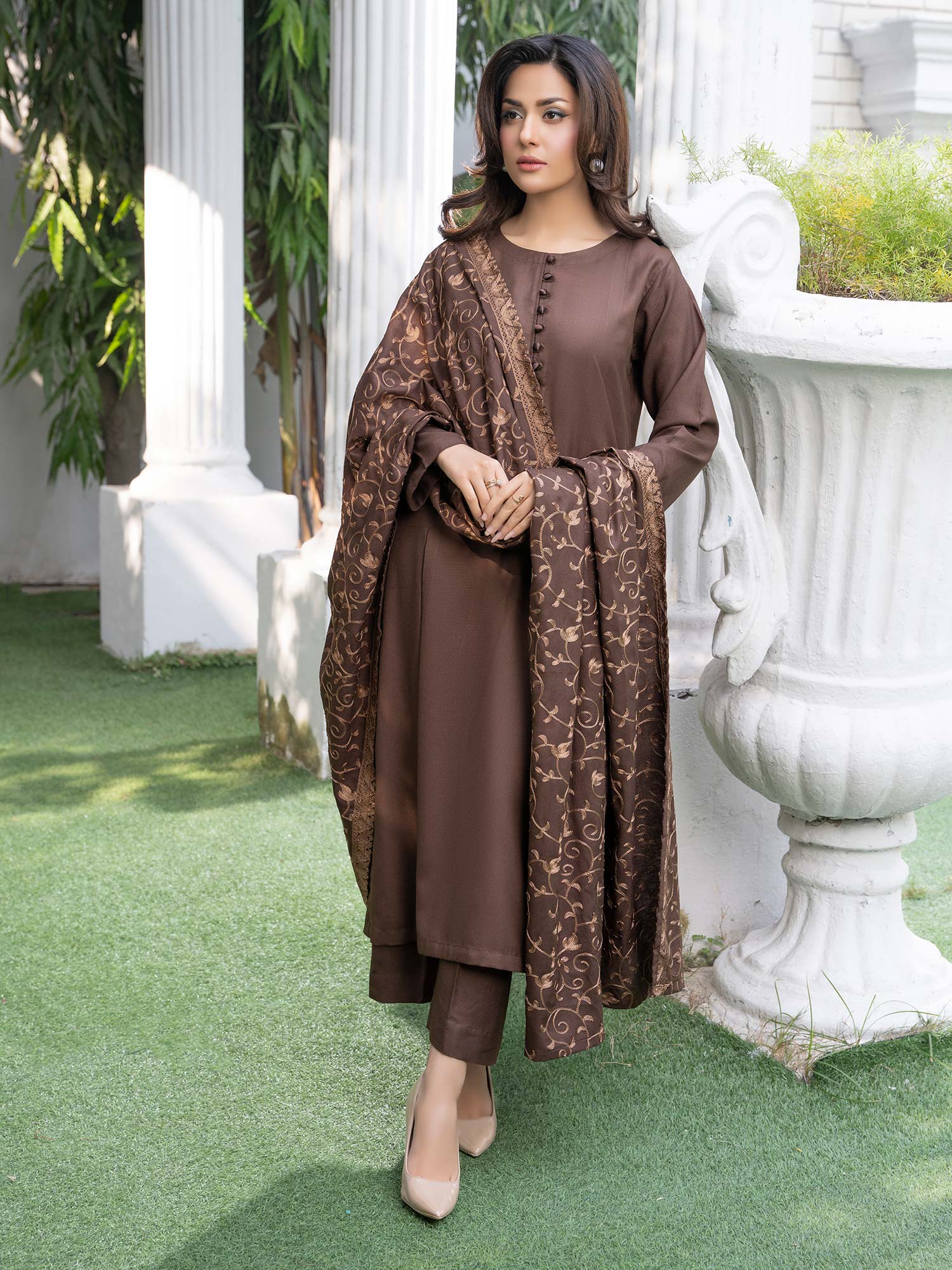 Raniya.H "Noor Bano" Winter Dhanak Suit with Shawl - Brown