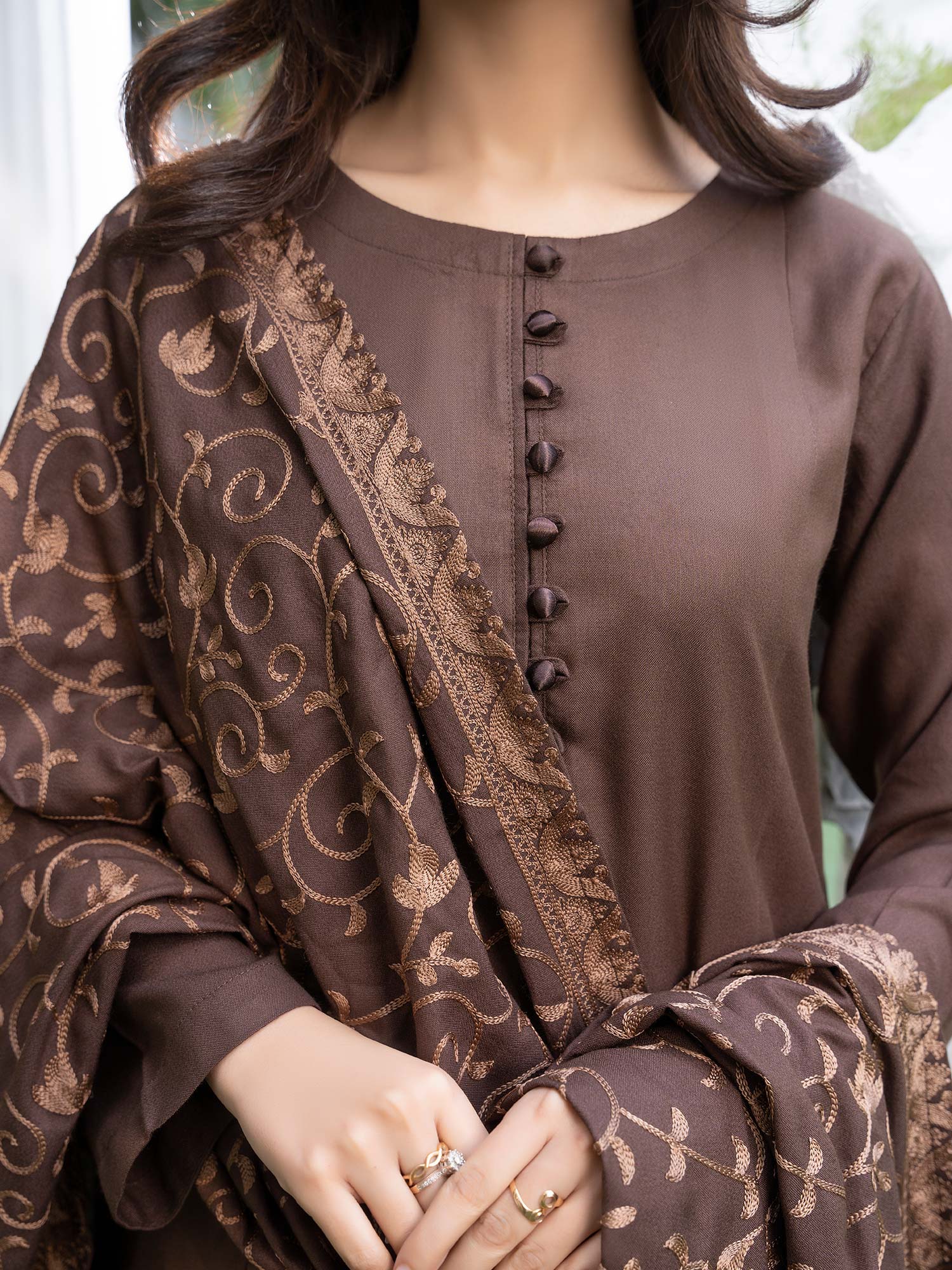 Raniya.H "Noor Bano" Winter Dhanak Suit with Shawl - Brown