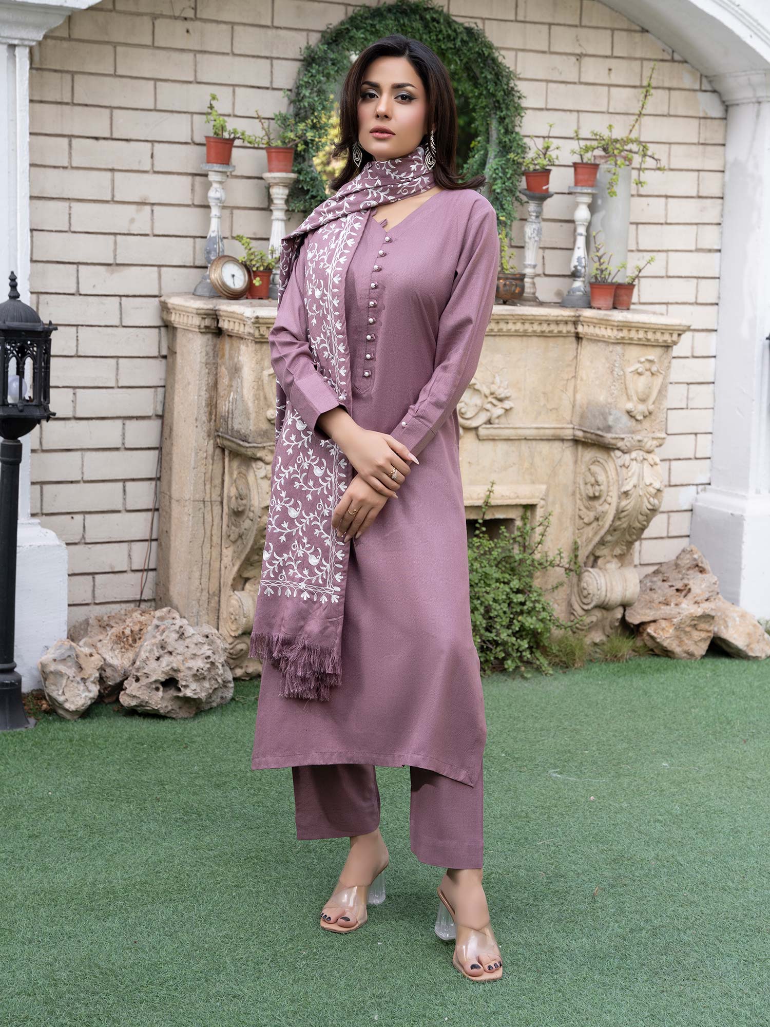 Raniya.H "Noor Bano" Winter Dhanak Suit with Shawl - Mauve