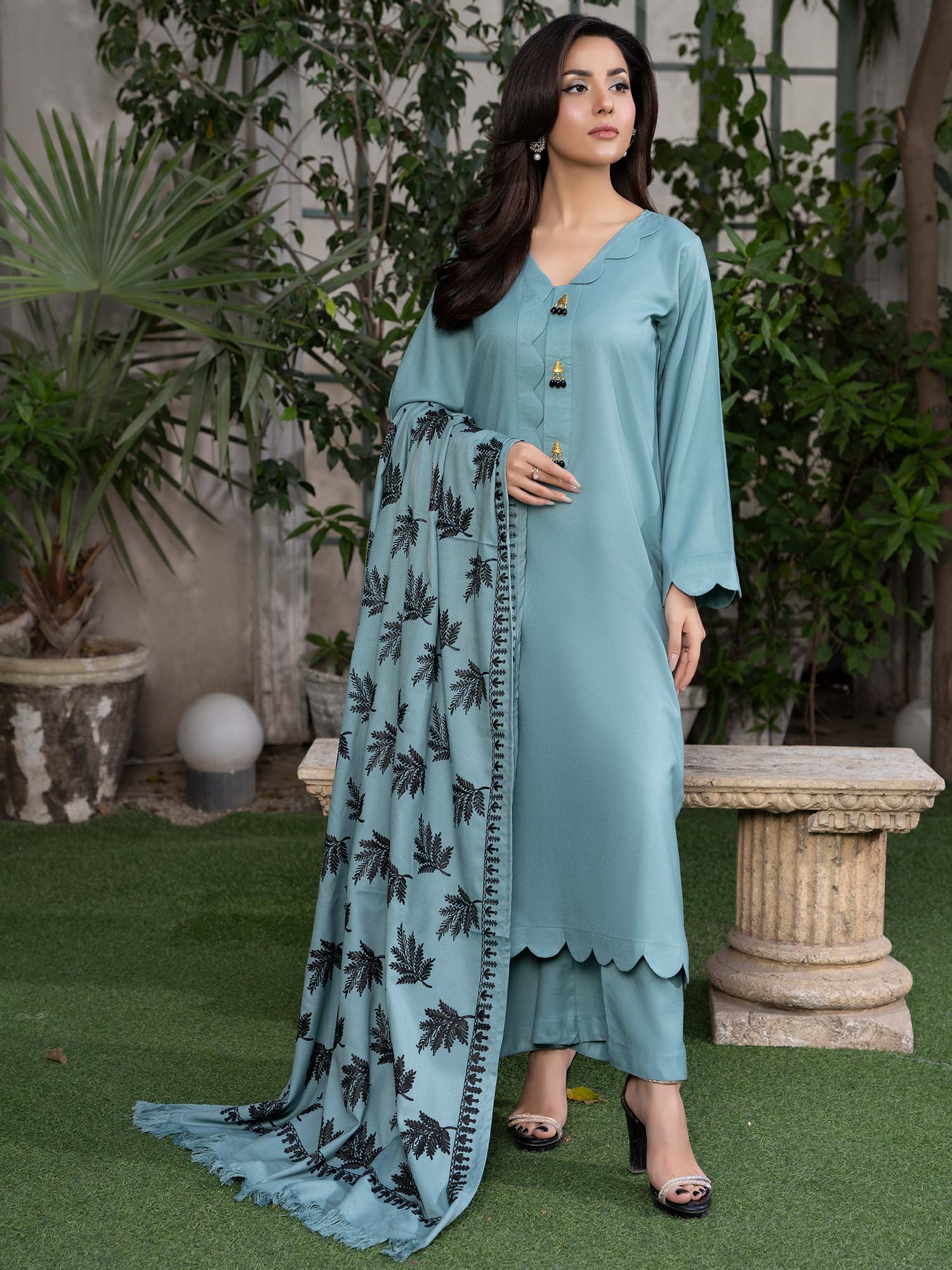 Raniya.H "Noor Bano" Winter Dhanak Suit with Shawl - Aqua