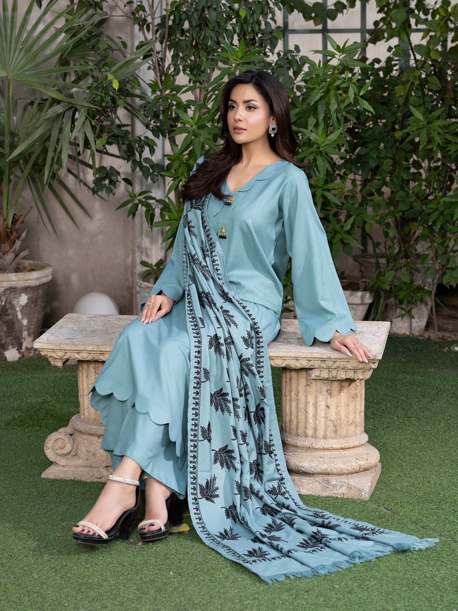 Raniya.H "Noor Bano" Winter Dhanak Suit with Shawl - Aqua