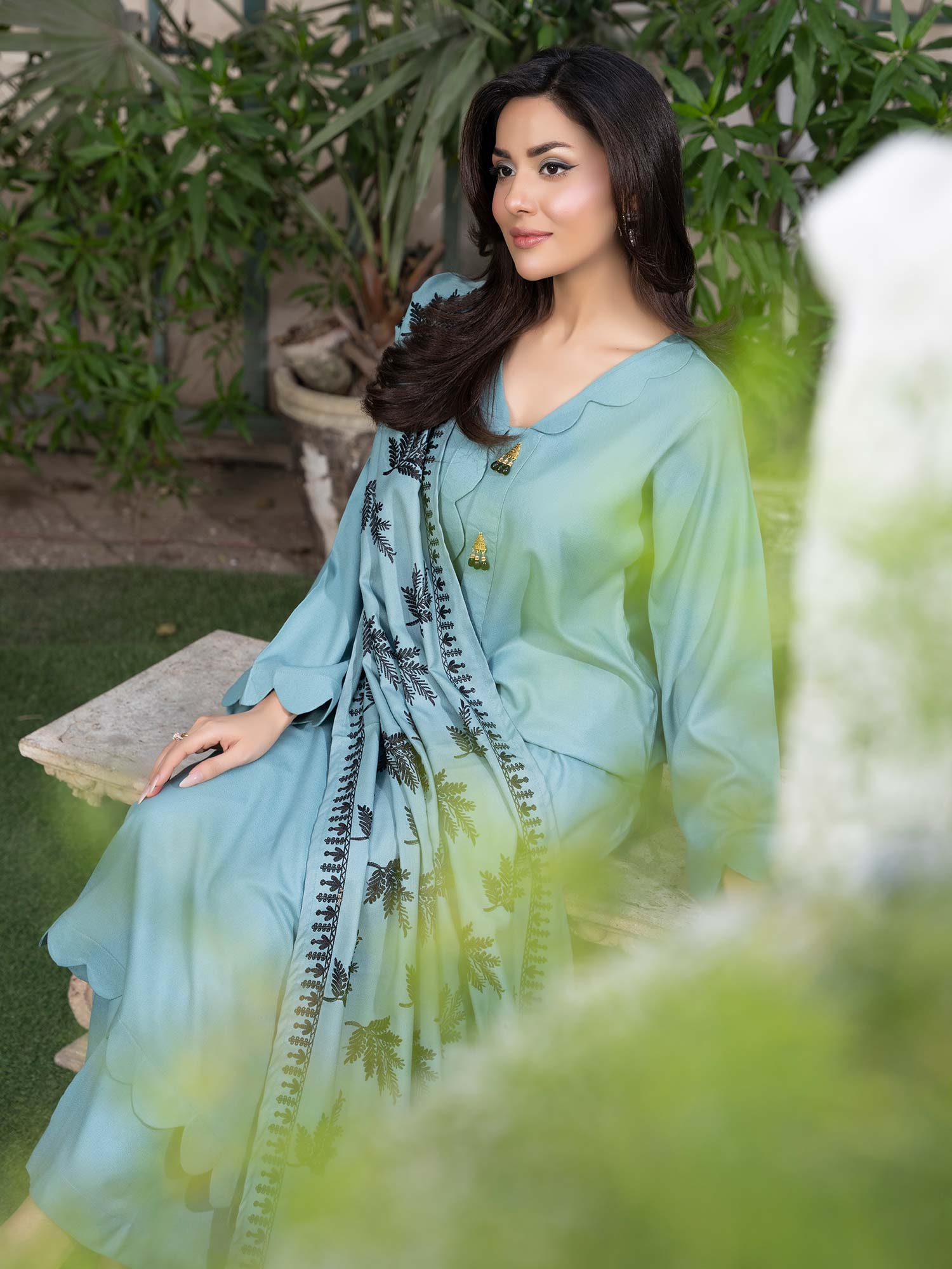 Raniya.H "Noor Bano" Winter Dhanak Suit with Shawl - Aqua