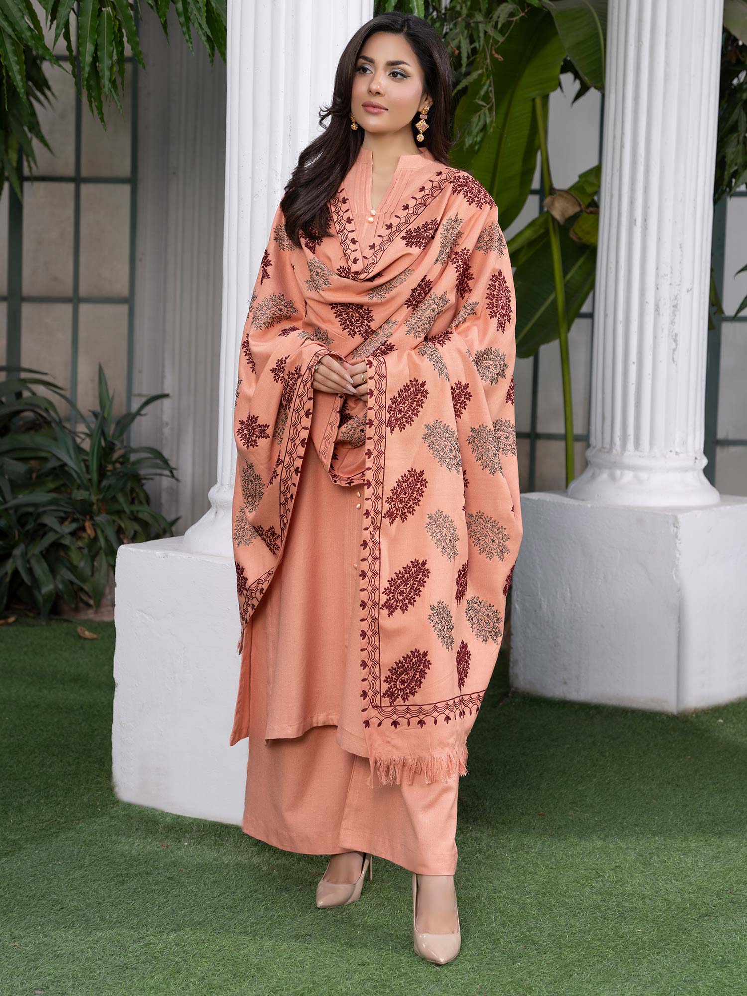 Raniya.H "Noor Bano" Winter Dhanak Suit with Shawl - Peach