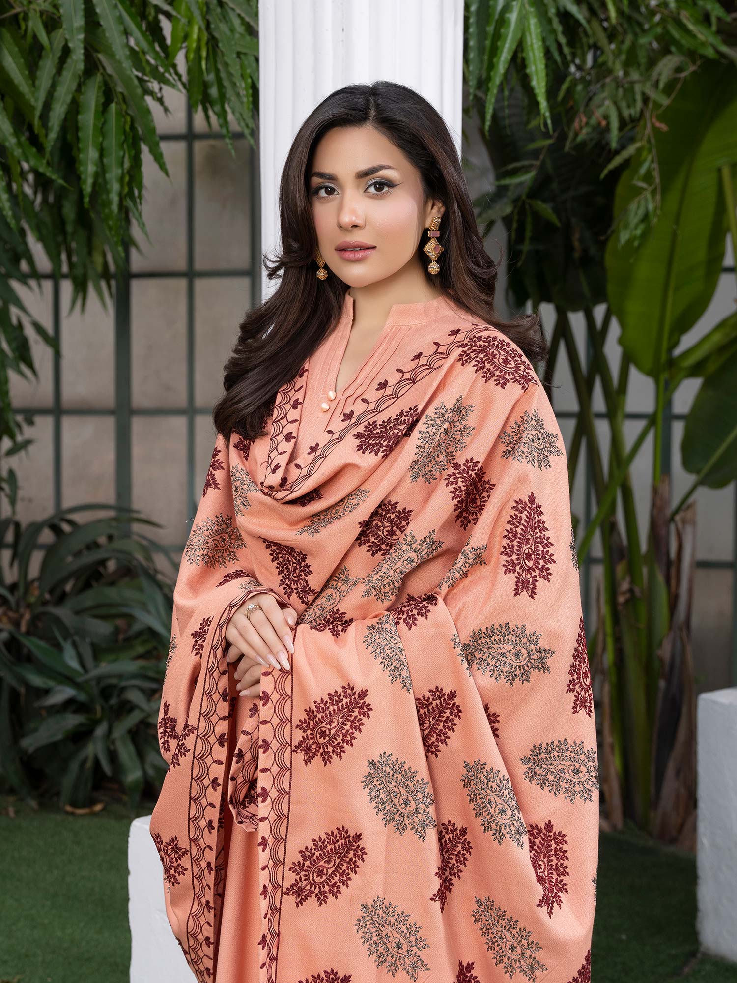 Raniya.H "Noor Bano" Winter Dhanak Suit with Shawl - Peach