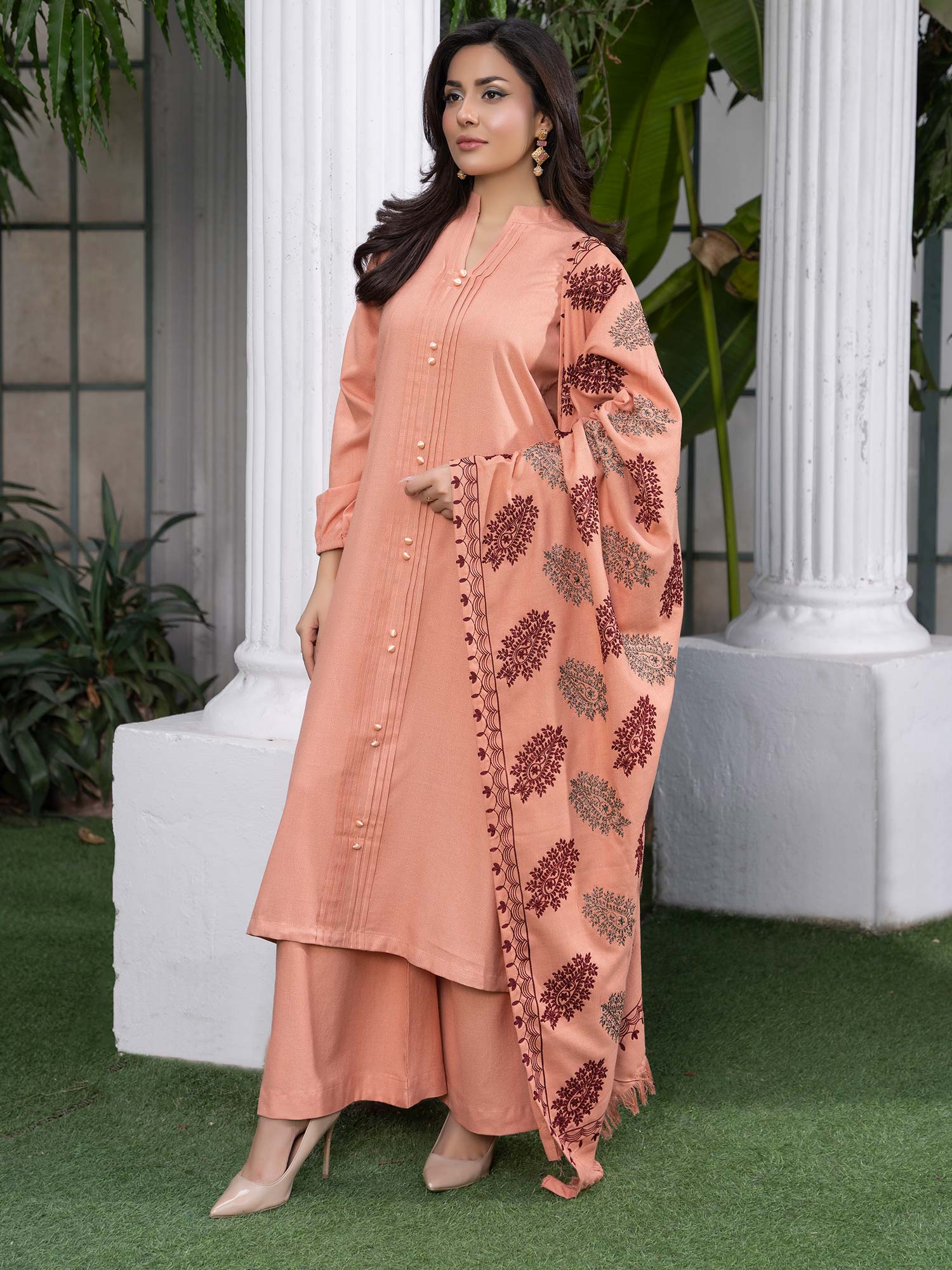 Raniya.H "Noor Bano" Winter Dhanak Suit with Shawl - Peach