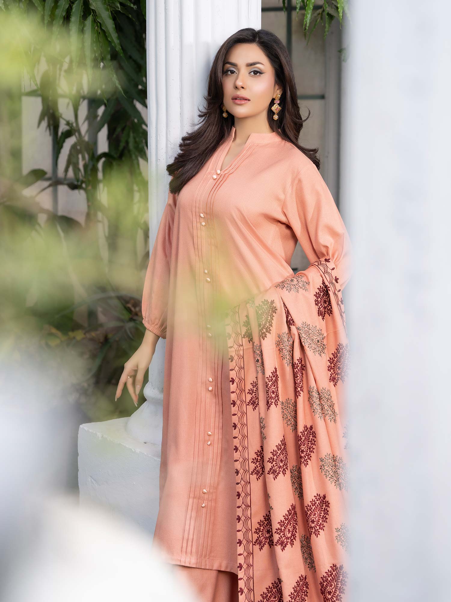 Raniya.H "Noor Bano" Winter Dhanak Suit with Shawl - Peach