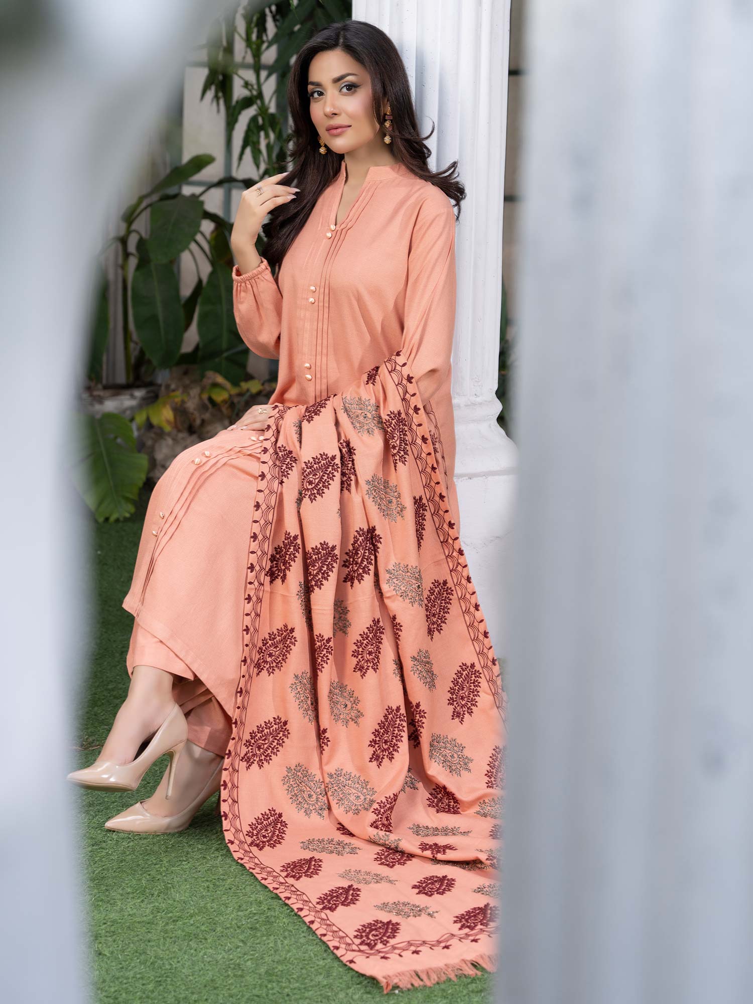 Raniya.H "Noor Bano" Winter Dhanak Suit with Shawl - Peach