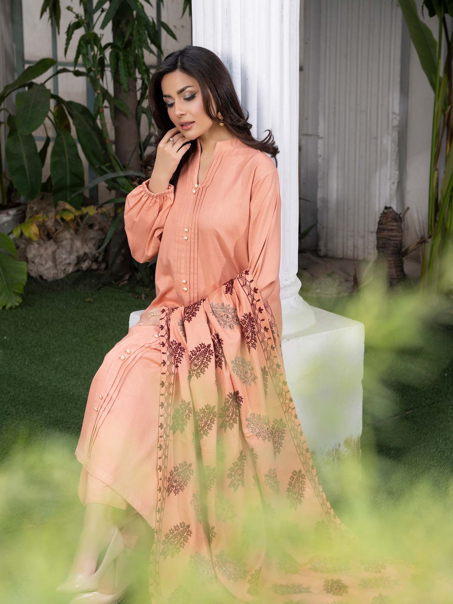 Raniya.H "Noor Bano" Winter Dhanak Suit with Shawl - Peach