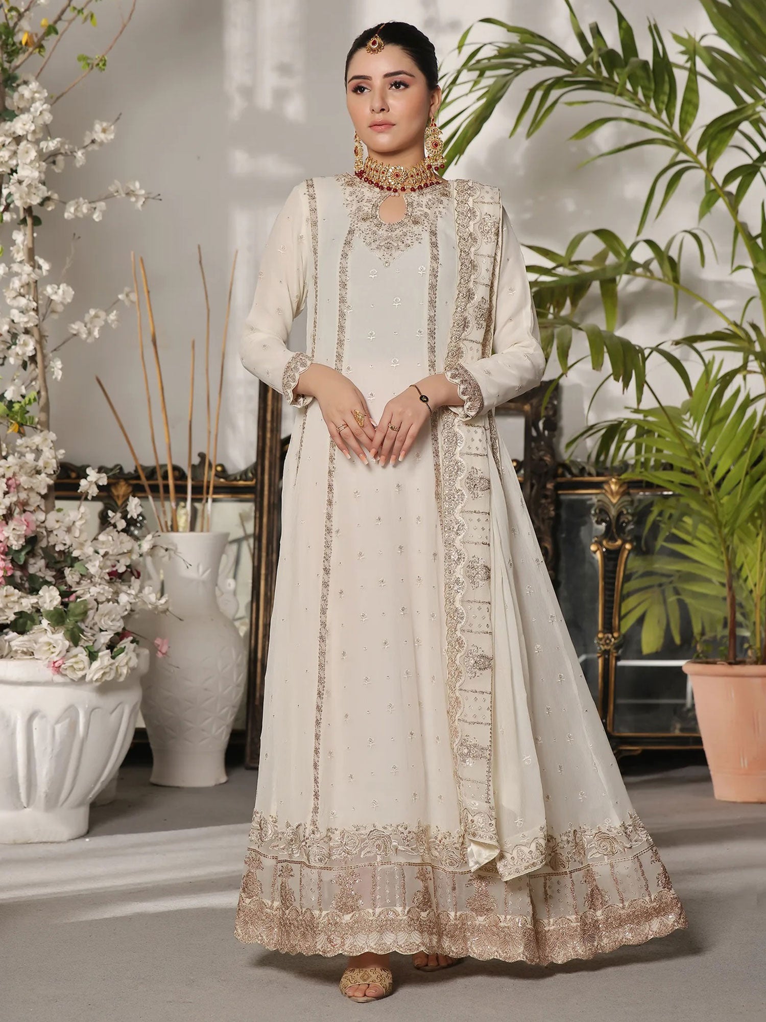 Wardah Uzair Embroidered Chiffon Maxi Suit - Off-White