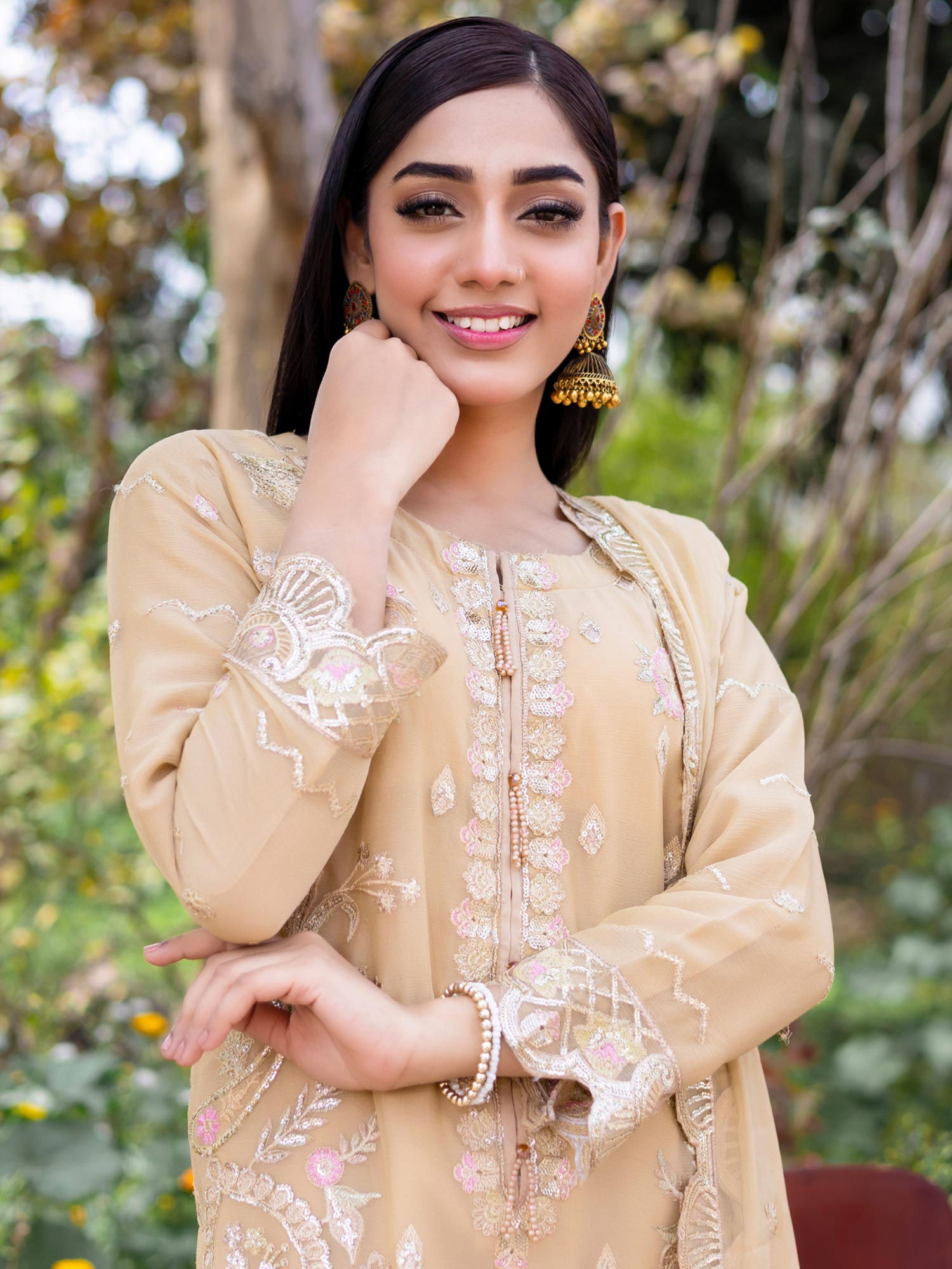 Rangz Golden-Beige Embroidered Chiffon 3-Piece Suit