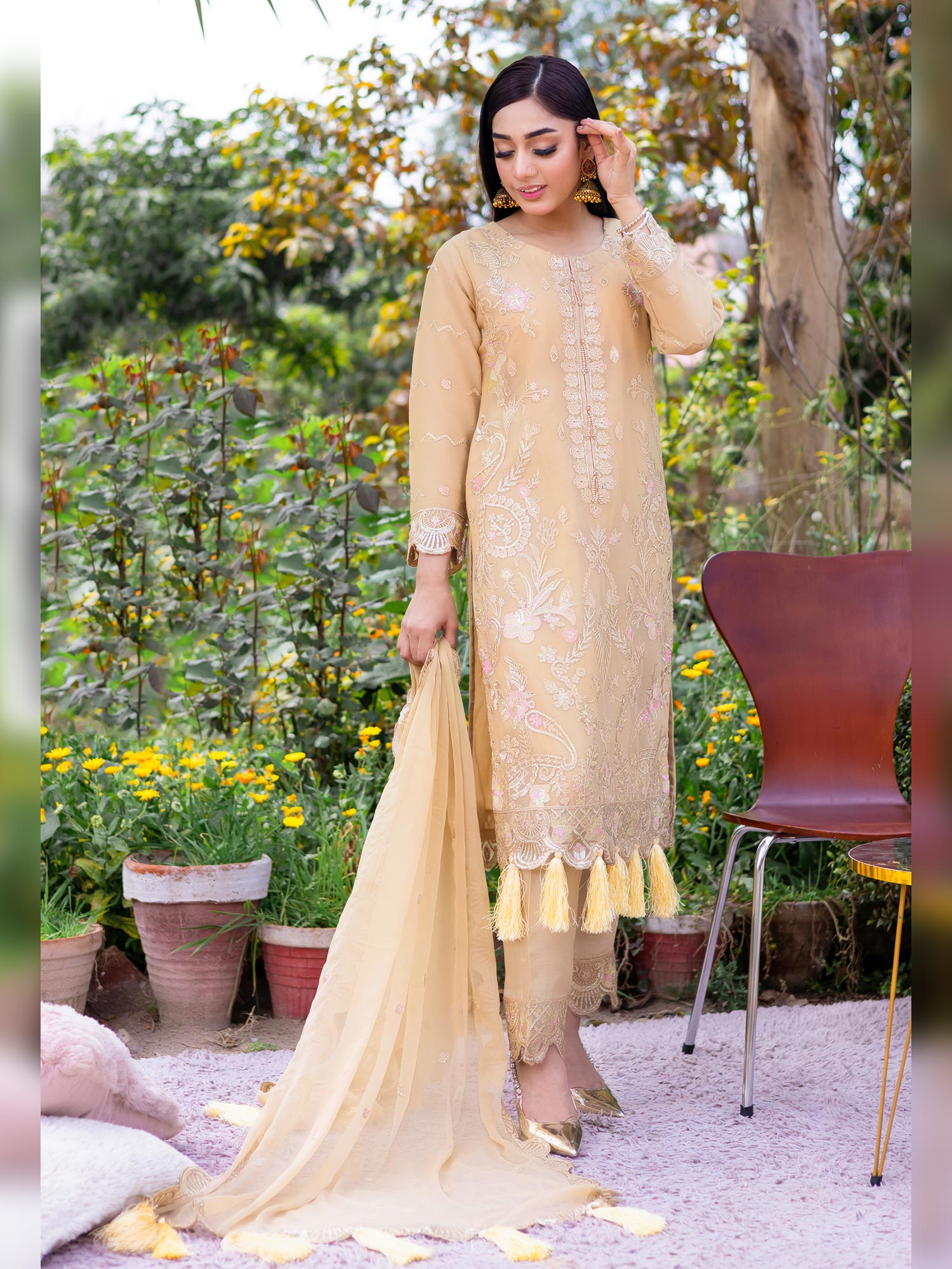 Rangz Golden-Beige Embroidered Chiffon 3-Piece Suit