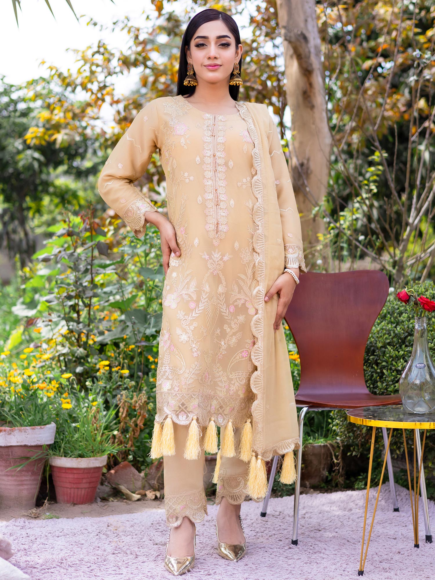 Rangz Golden-Beige Embroidered Chiffon 3-Piece Suit