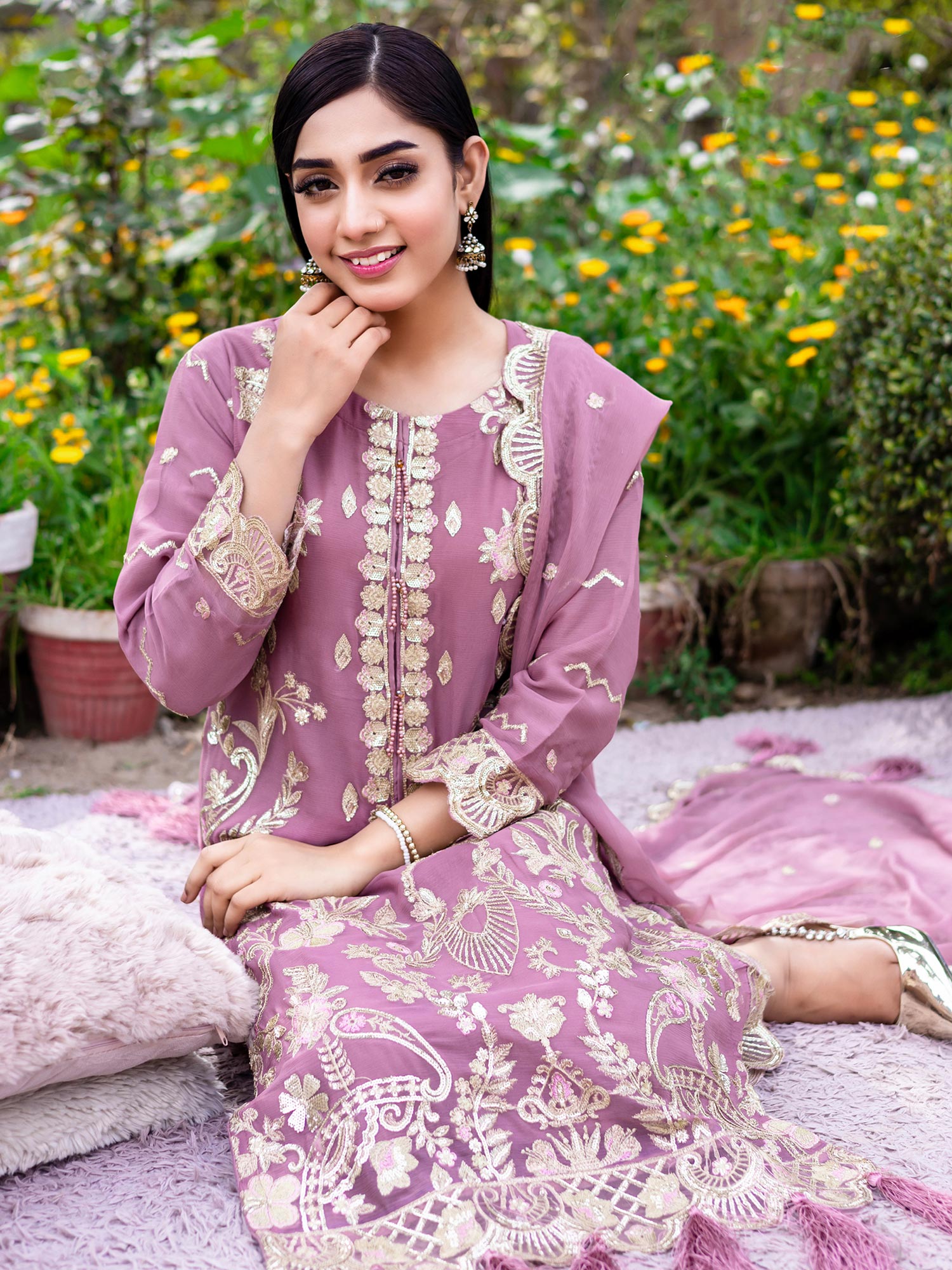 Rangz Dusky Pink Embroidered Chiffon 3-Piece Suit