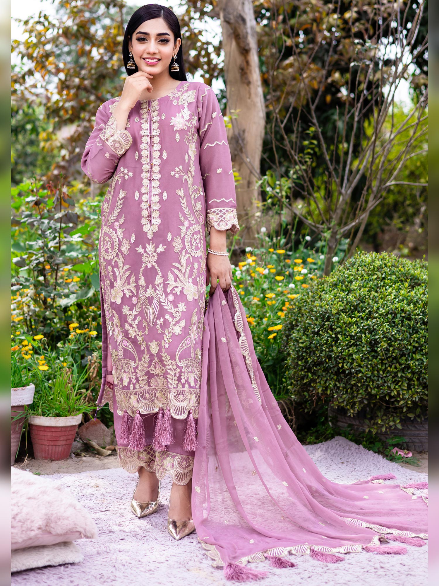 Rangz Dusky Pink Embroidered Chiffon 3-Piece Suit