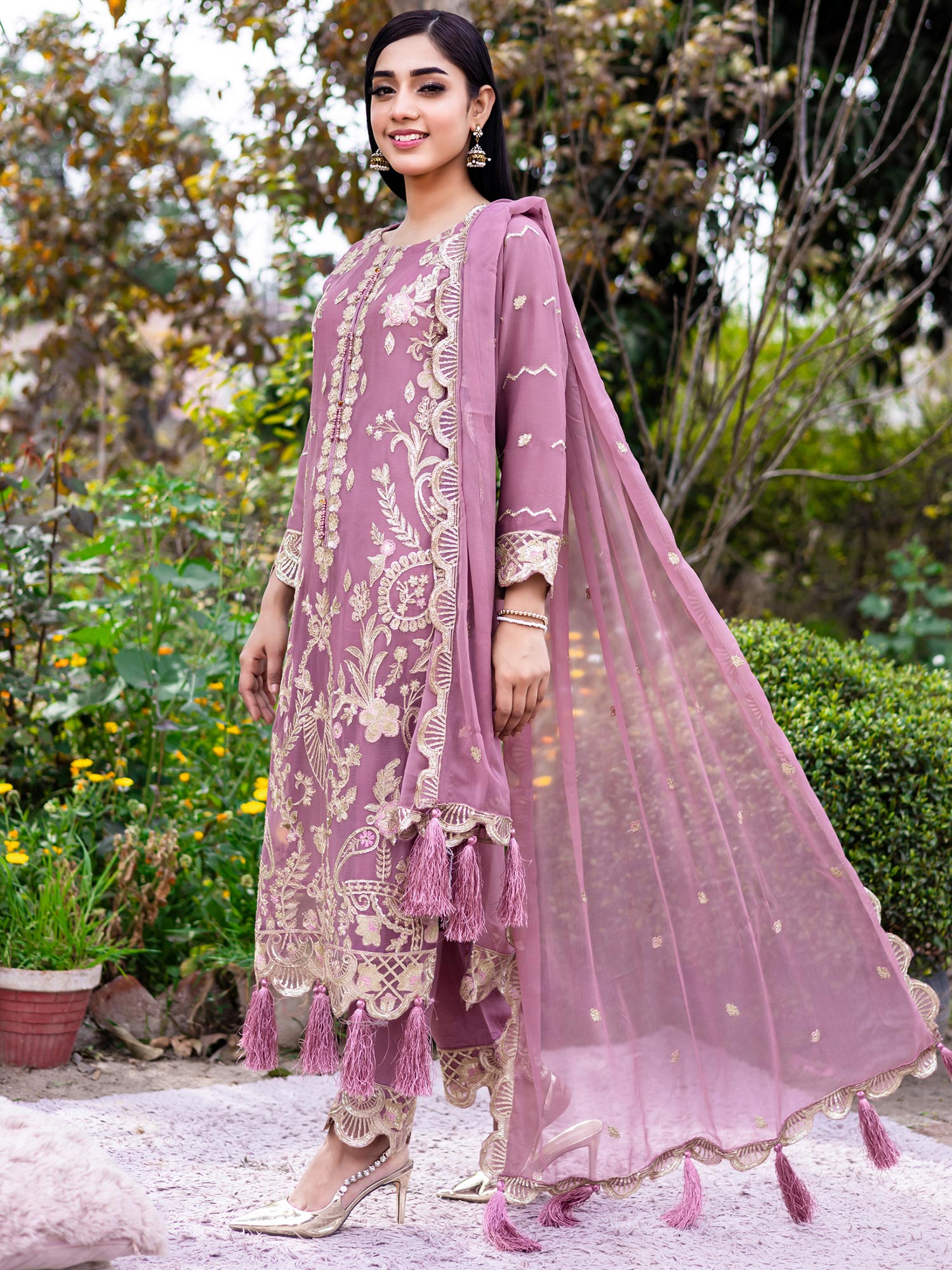 Rangz Dusky Pink Embroidered Chiffon 3-Piece Suit