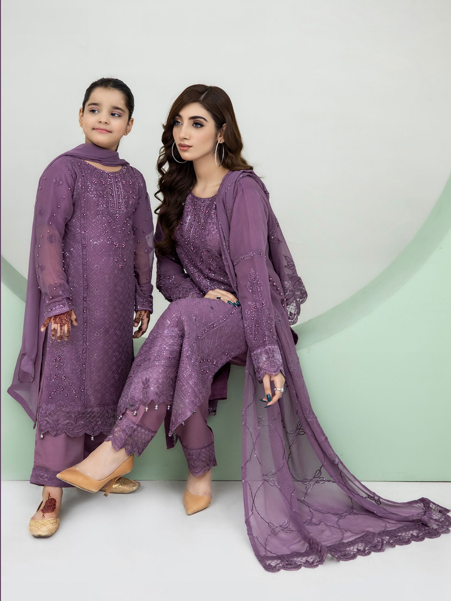 Rangz Chiffon Mother-Daughter Embroidered 3-Piece Suit - Lavender