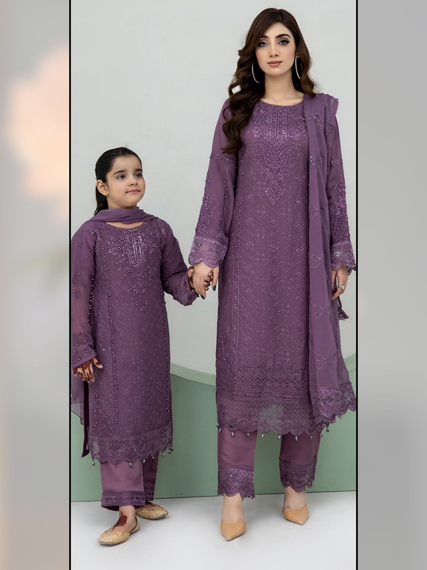 Rangz Chiffon Mother-Daughter Embroidered 3-Piece Suit - Lavender