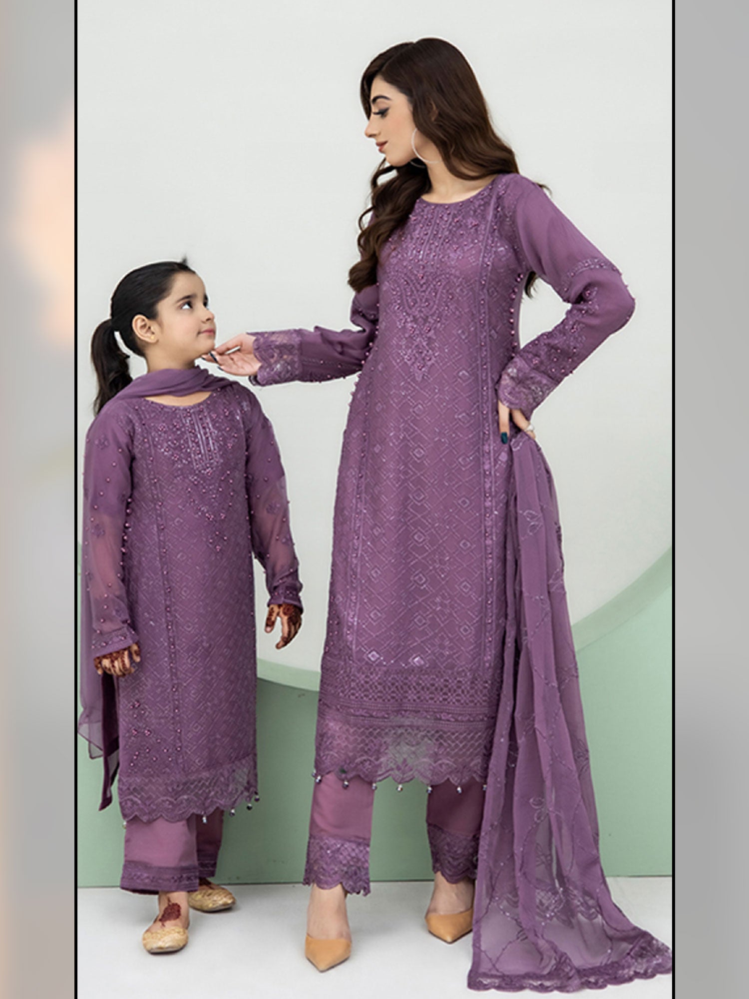 Rangz Chiffon Mother-Daughter Embroidered 3-Piece Suit - Lavender