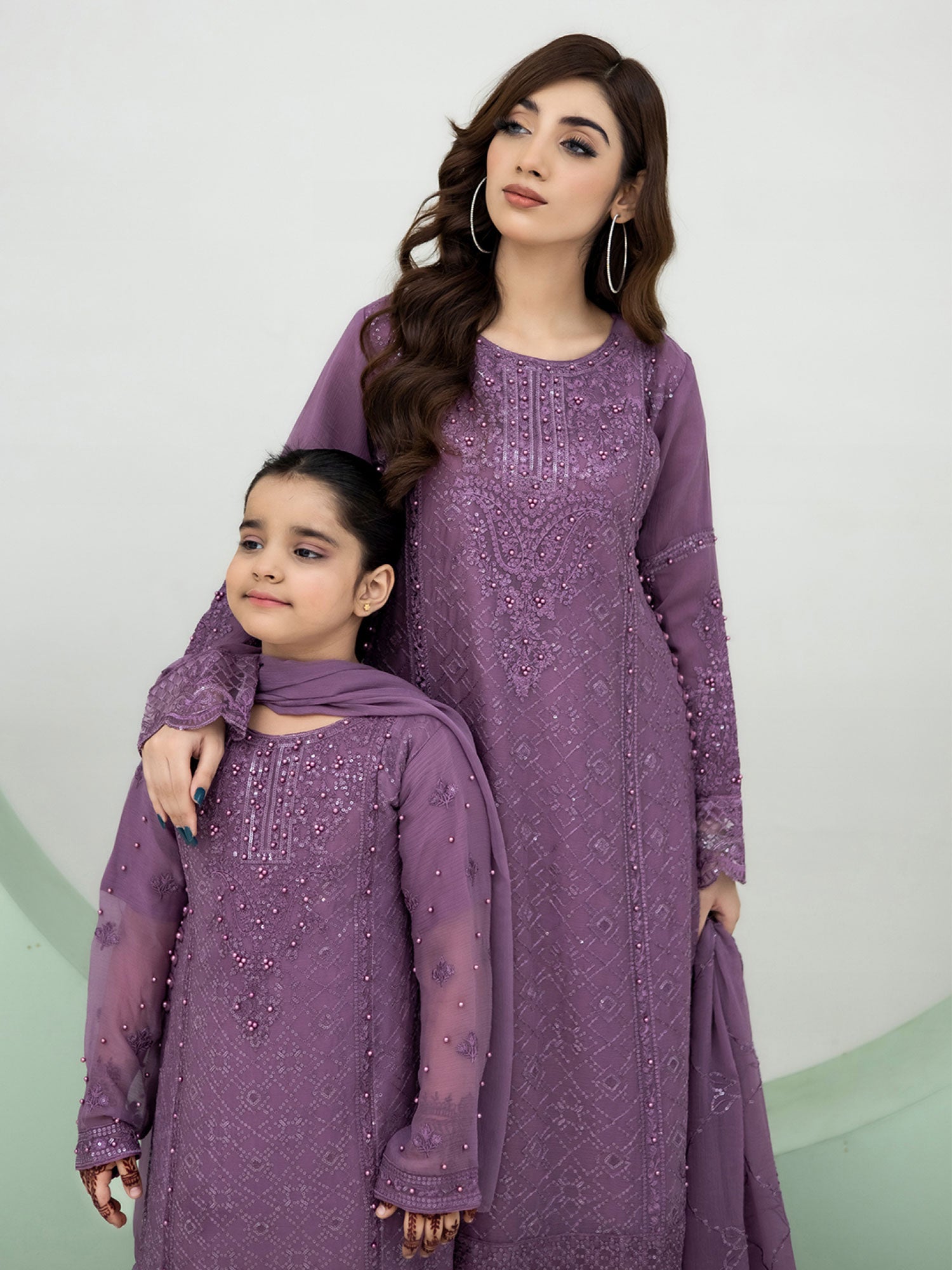 Rangz Chiffon Mother-Daughter Embroidered 3-Piece Suit - Lavender