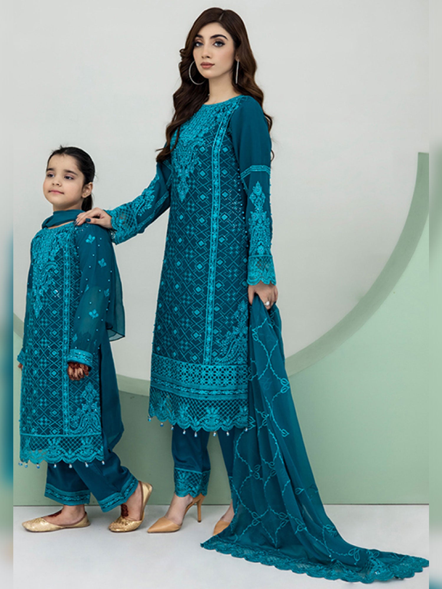 Rangz Chiffon Mother-Daughter Embroidered 3-Piece Suit - Teal