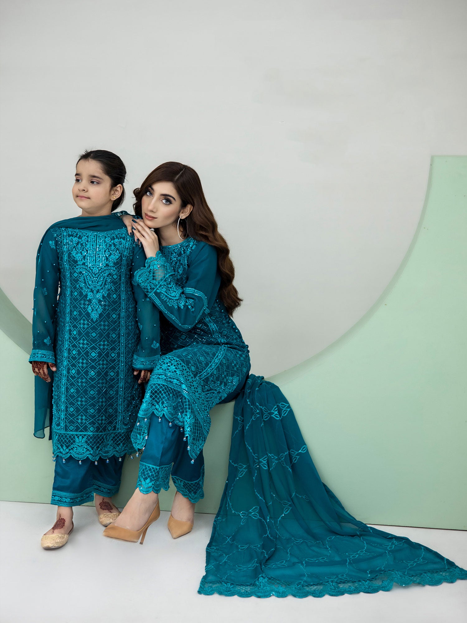 Rangz Chiffon Mother-Daughter Embroidered 3-Piece Suit - Teal