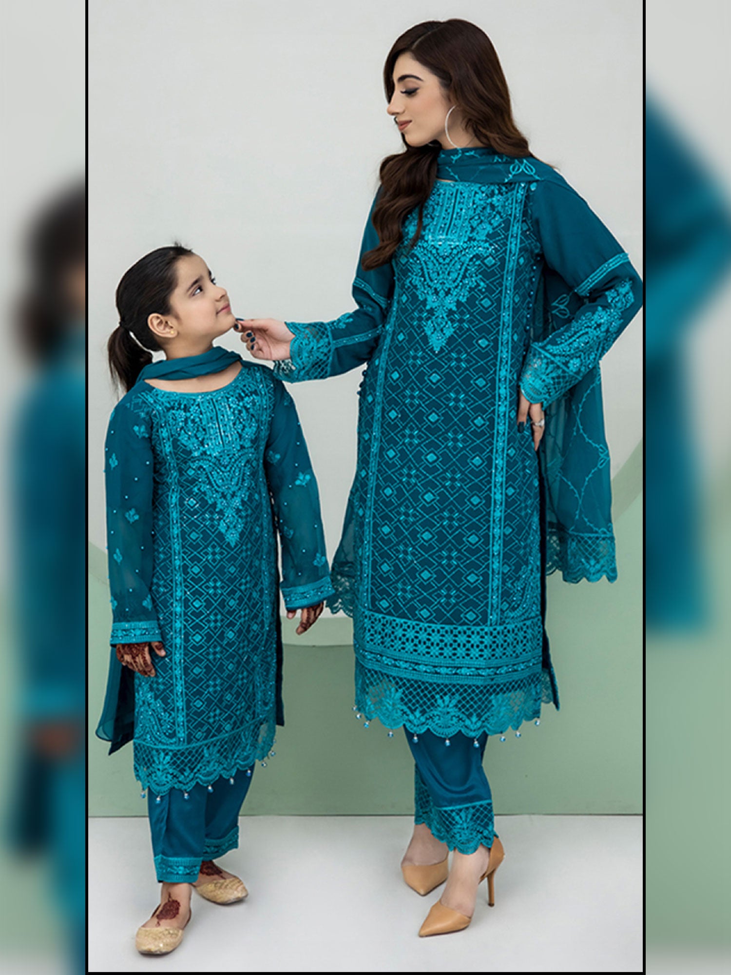 Rangz Chiffon Mother-Daughter Embroidered 3-Piece Suit - Teal